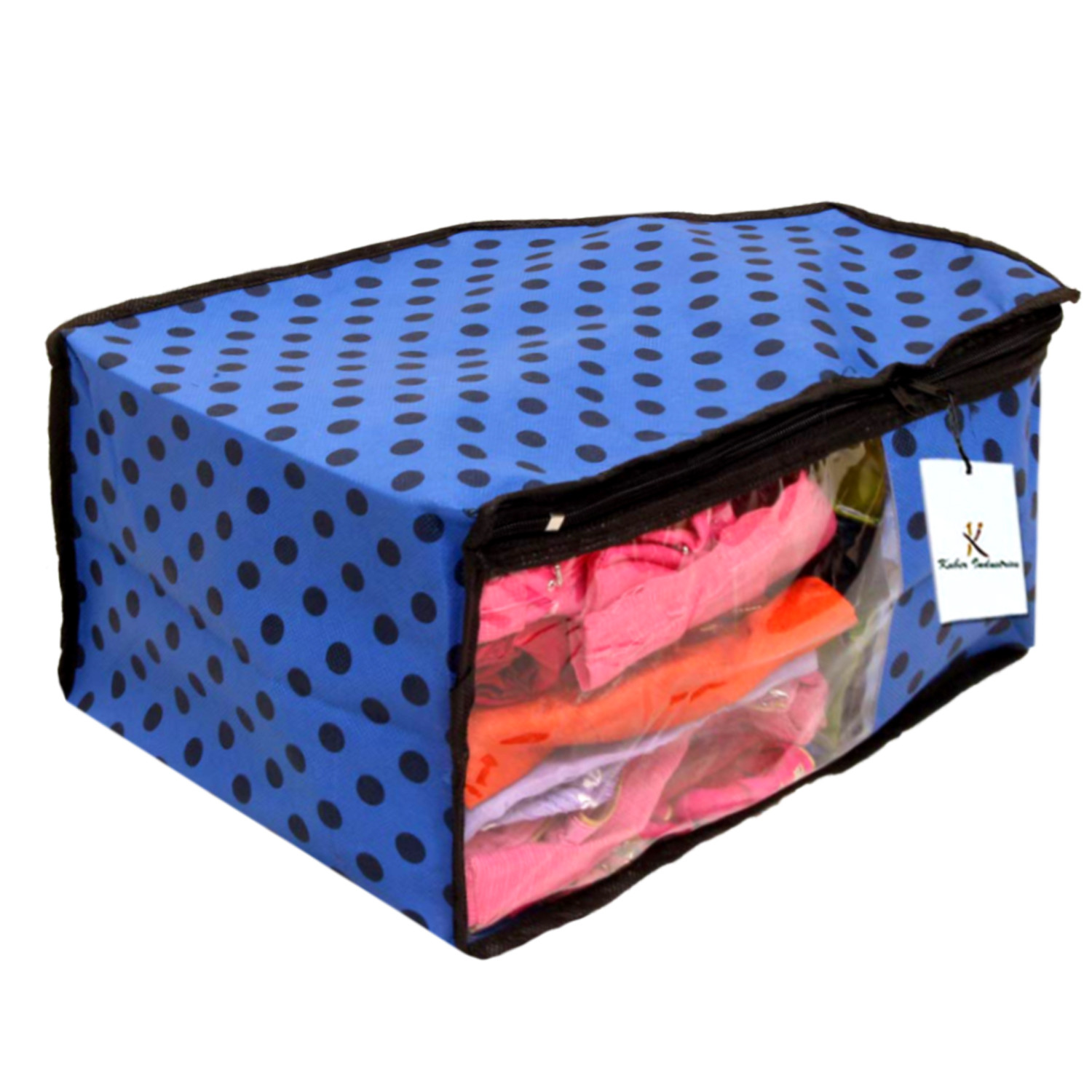Kuber Industries Polka Dots Design Non Woven Saree Cover/Cloth Wardrobe Organizer And Blouse Cover Combo Set (Blue) -CTKTC38427