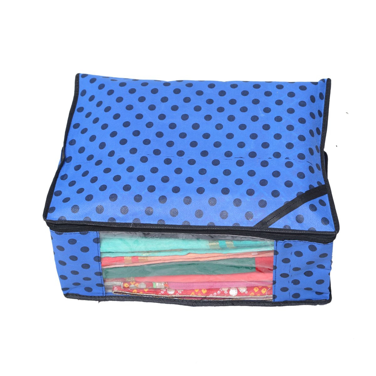 Kuber Industries Polka Dots Design Non Woven Saree Cover/Cloth Wardrobe Organizer And Blouse Cover Combo Set (Blue) -CTKTC38427