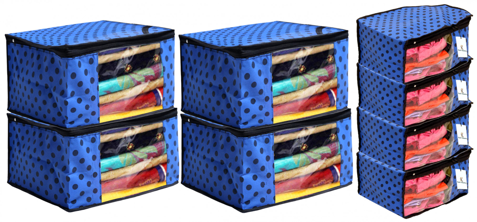 Kuber Industries Polka Dots Design Non Woven Saree Cover/Cloth Wardrobe Organizer And Blouse Cover Combo Set (Blue) -CTKTC38427