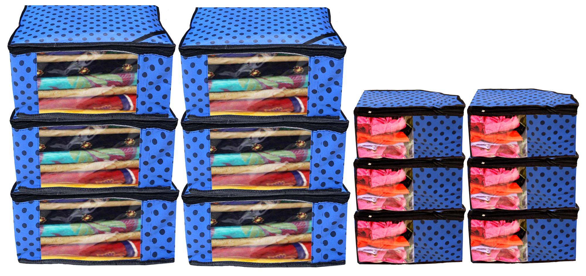Kuber Industries Polka Dots Design Non Woven Saree Cover/Cloth Wardrobe Organizer And Blouse Cover Combo Set (Blue) -CTKTC38427