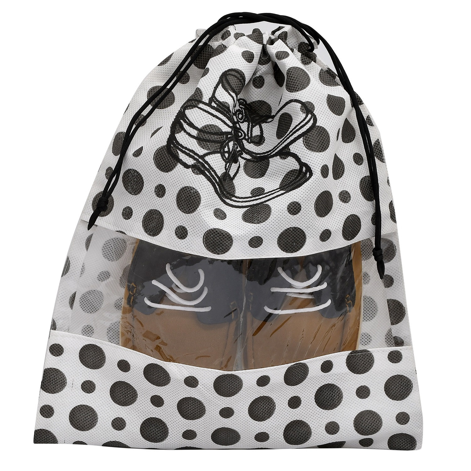 Kuber Industries Polka Dots Design Non Woven Travel Shoe Organizer Space Saving Fabric Storage Bags Organizer (Black & White)-KUBMART1026