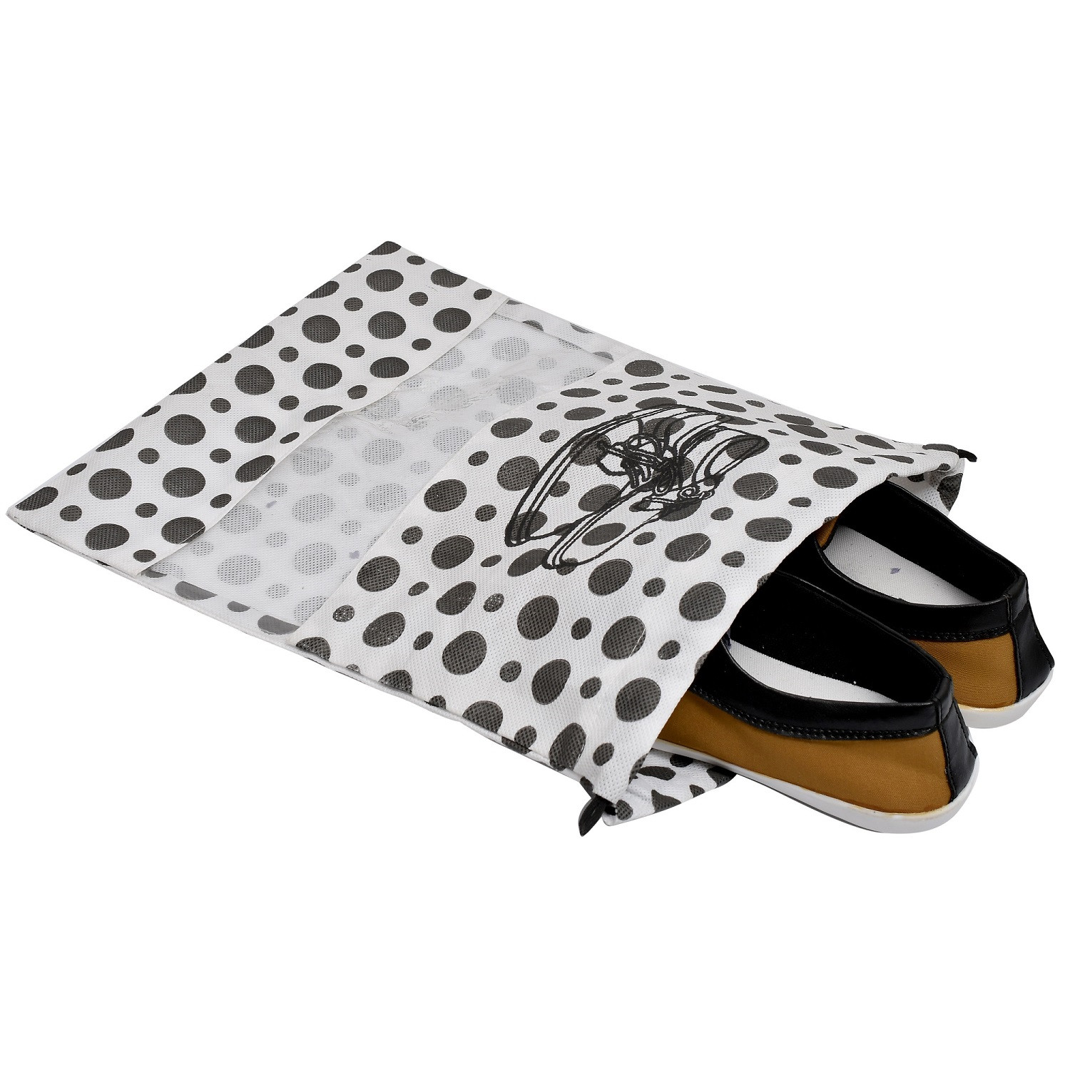 Kuber Industries Polka Dots Design Non Woven Travel Shoe Organizer Space Saving Fabric Storage Bags Organizer (Black & White)-KUBMART1026