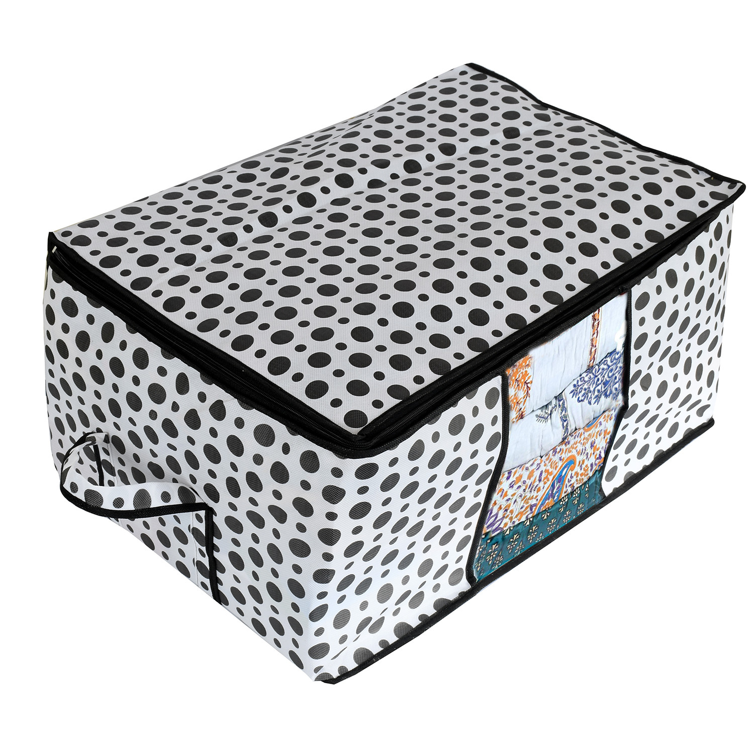 Kuber Industries Polka Dots Design Non Woven Underbed Storage Bag,Cloth Organiser,Blanket Cover with Transparent Window (Black & White) -CTKTC38101