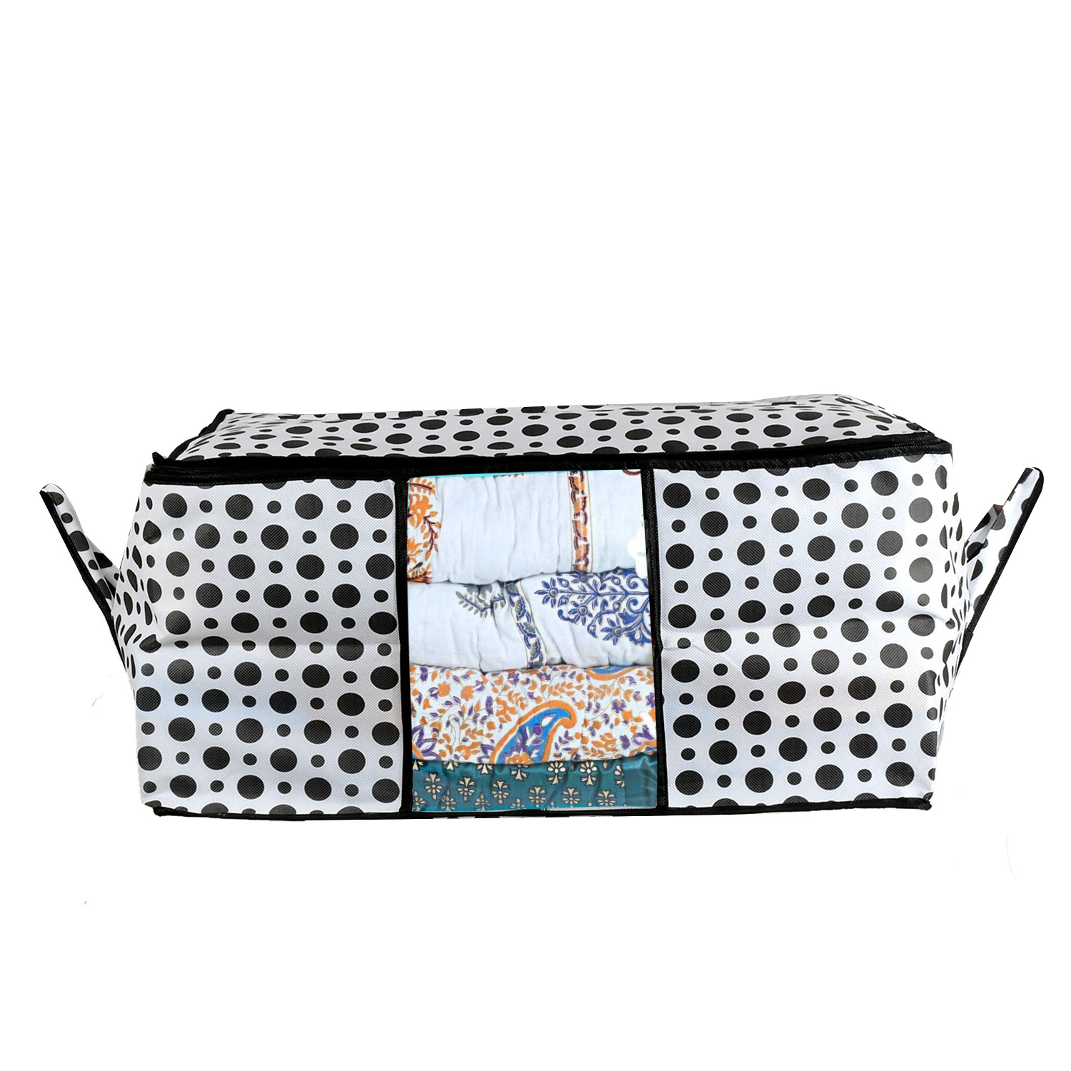 Kuber Industries Polka Dots Design Non Woven Underbed Storage Bag,Cloth Organiser,Blanket Cover with Transparent Window (Black & White) -CTKTC38101
