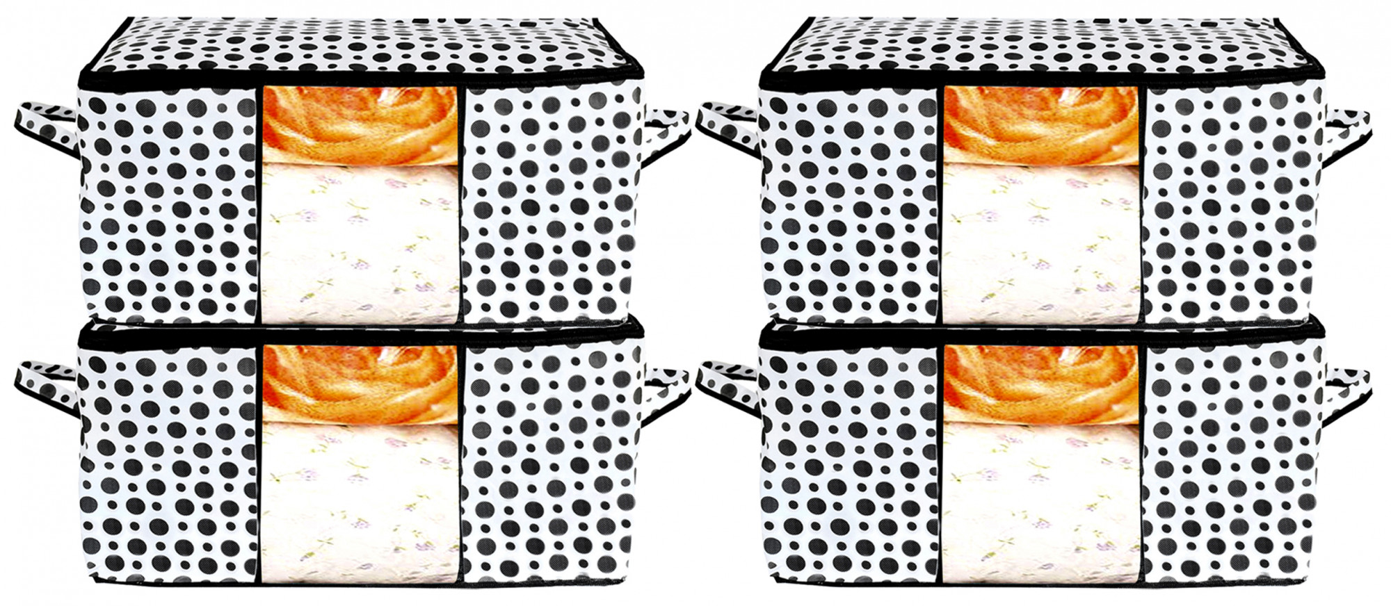 Kuber Industries Polka Dots Design Non Woven Underbed Storage Bag,Cloth Organiser,Blanket Cover with Transparent Window (Black & White) -CTKTC38101