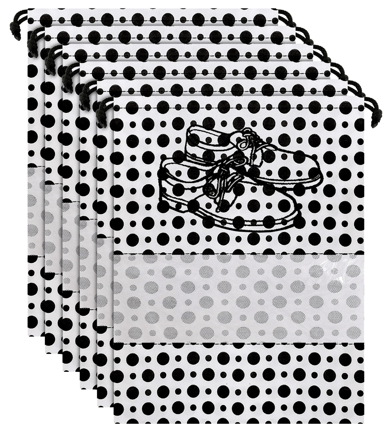 Kuber Industries Polka Dots Print Non Woven Travel Shoe Cover, String Bag Organizer (Black & White)
