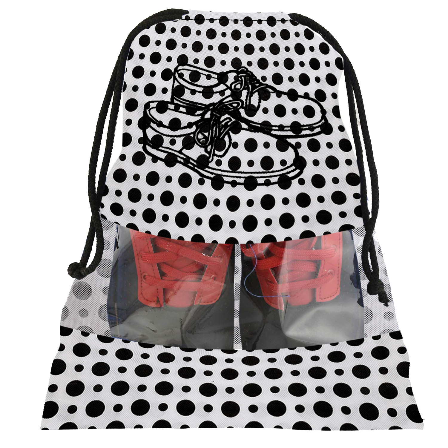 Kuber Industries Polka Dots Print Non Woven Travel Shoe Cover, String Bag Organizer (Black & White)