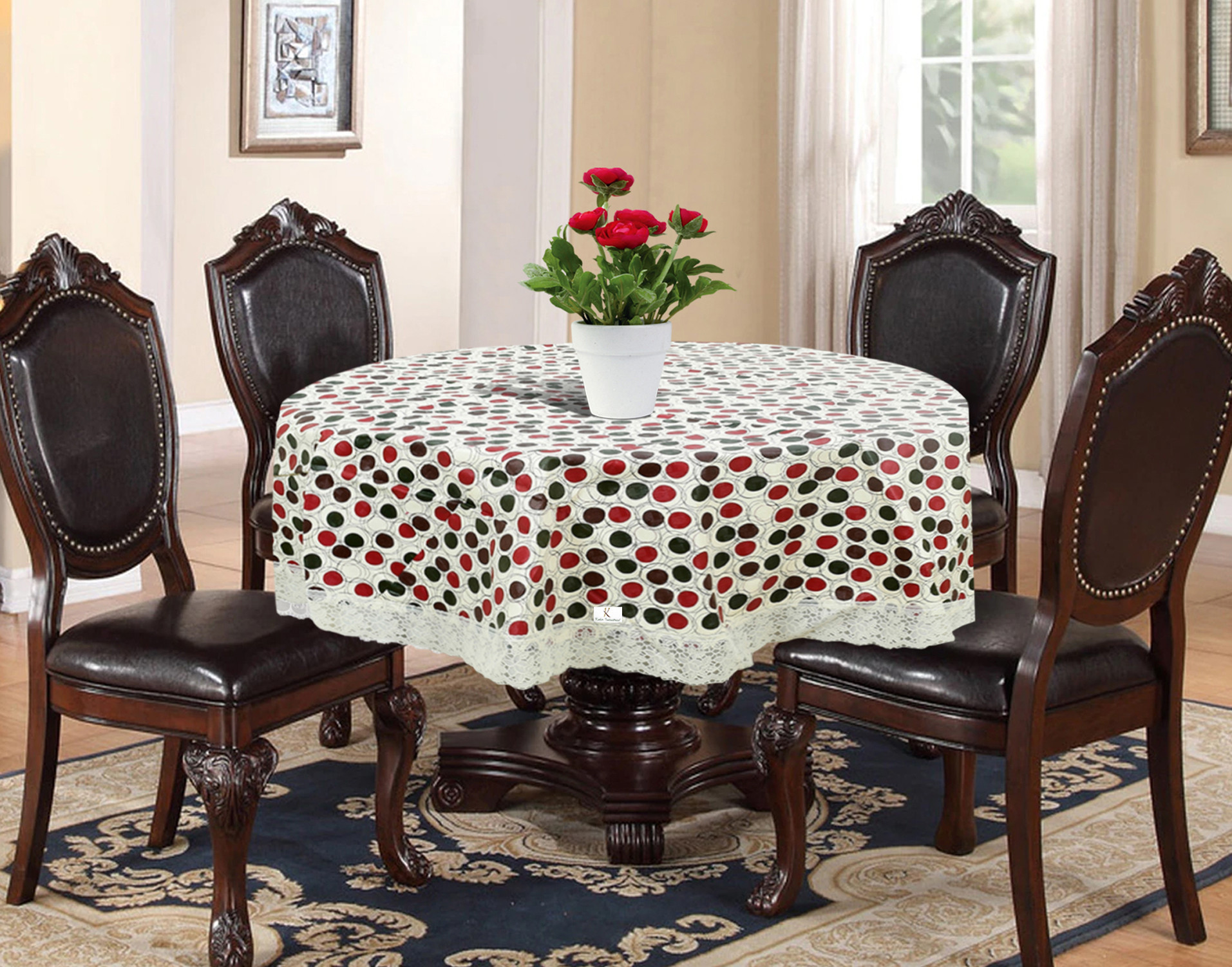 Kuber Industries Polka Dots Print Round Table Cover 60 Inch-Waterproof PVC Resistant Spillproof PVC Fabric Table Cover for Dining Room Kitchen Party (Brown)-KUBMRT11815