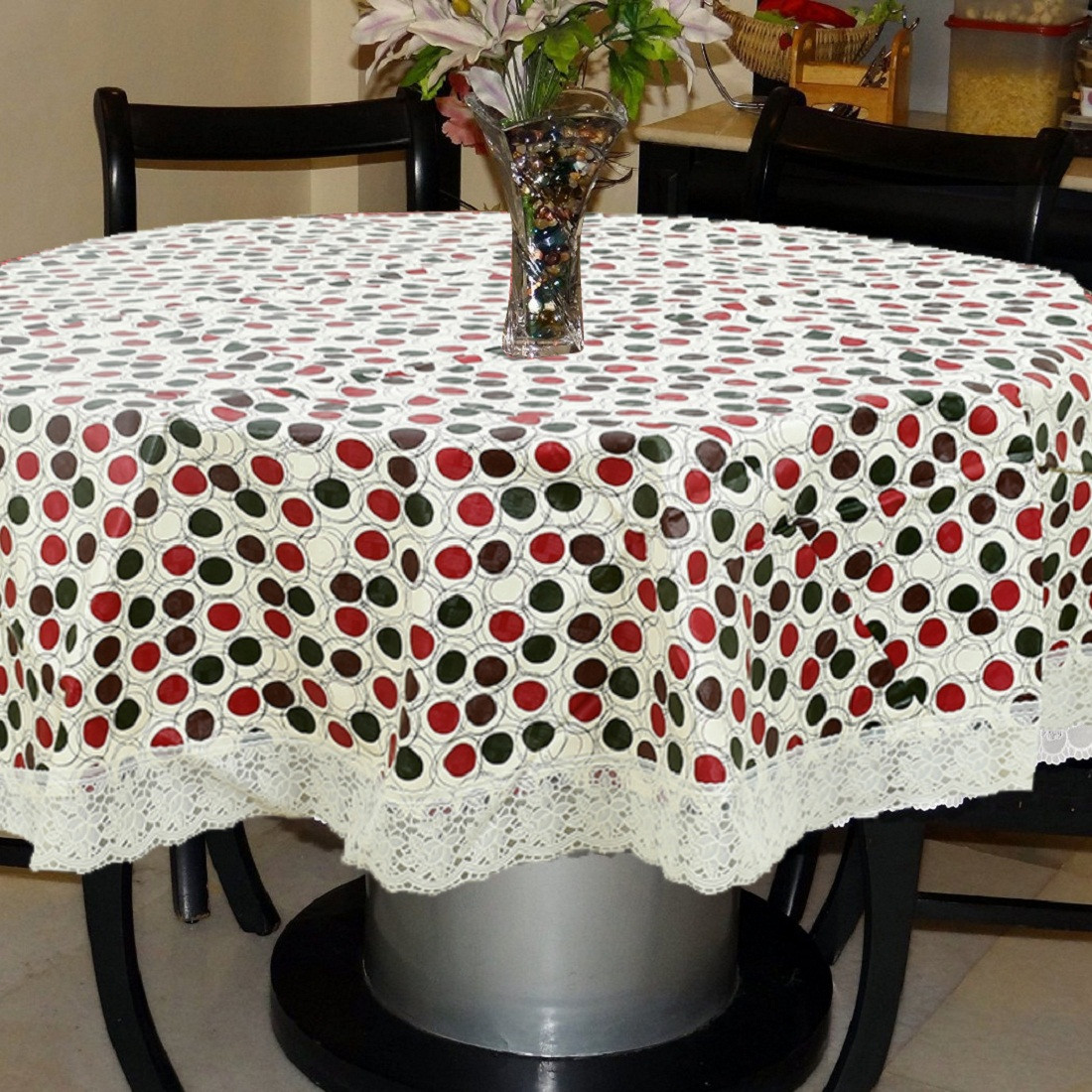 Kuber Industries Polka Dots Print Round Table Cover 60 Inch-Waterproof PVC Resistant Spillproof PVC Fabric Table Cover for Dining Room Kitchen Party (Brown)-KUBMRT11815