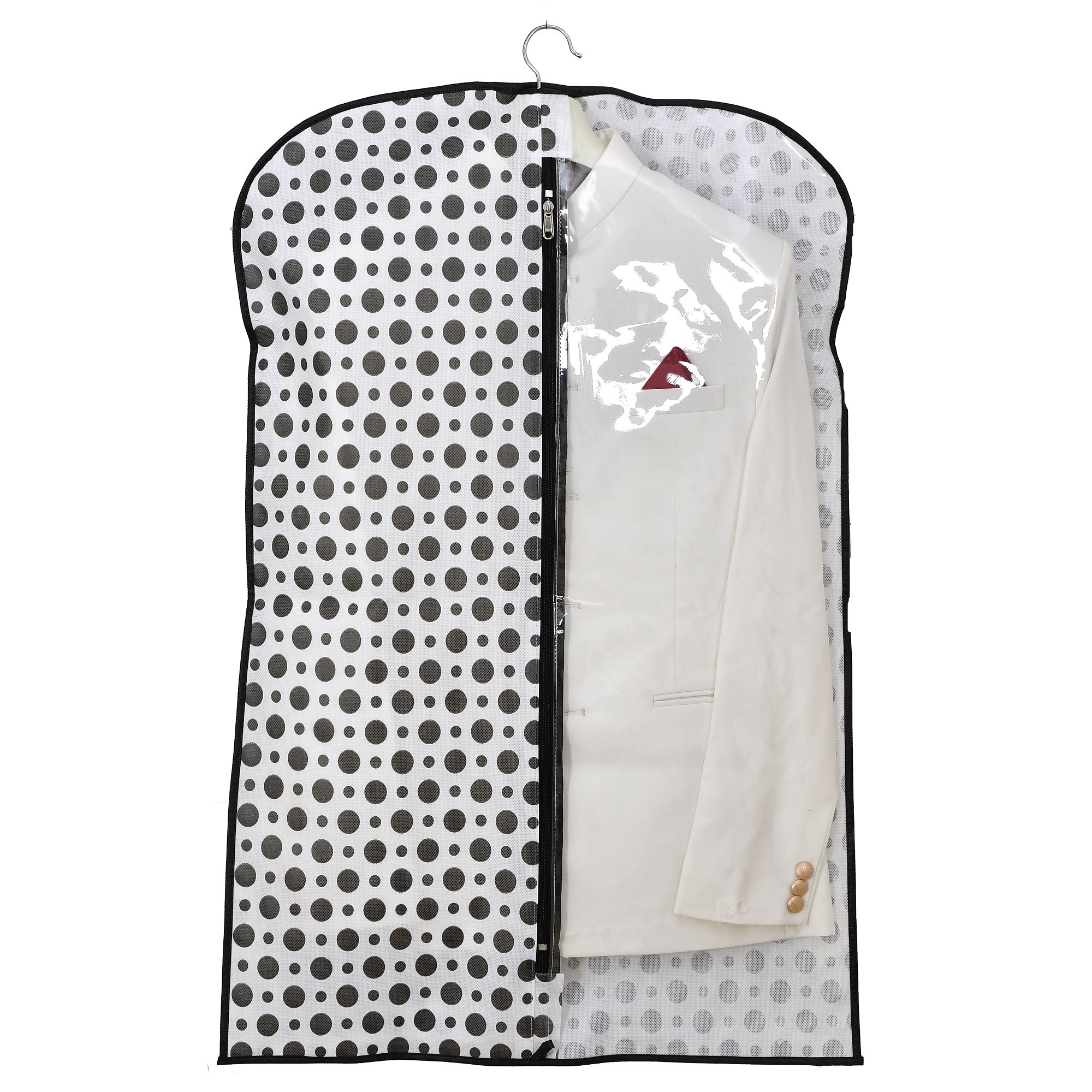 Kuber Industries Polka Dots Printed Half Transparent Non Woven Men's Coat Blazer Cover (Black & White)-KUBMART882