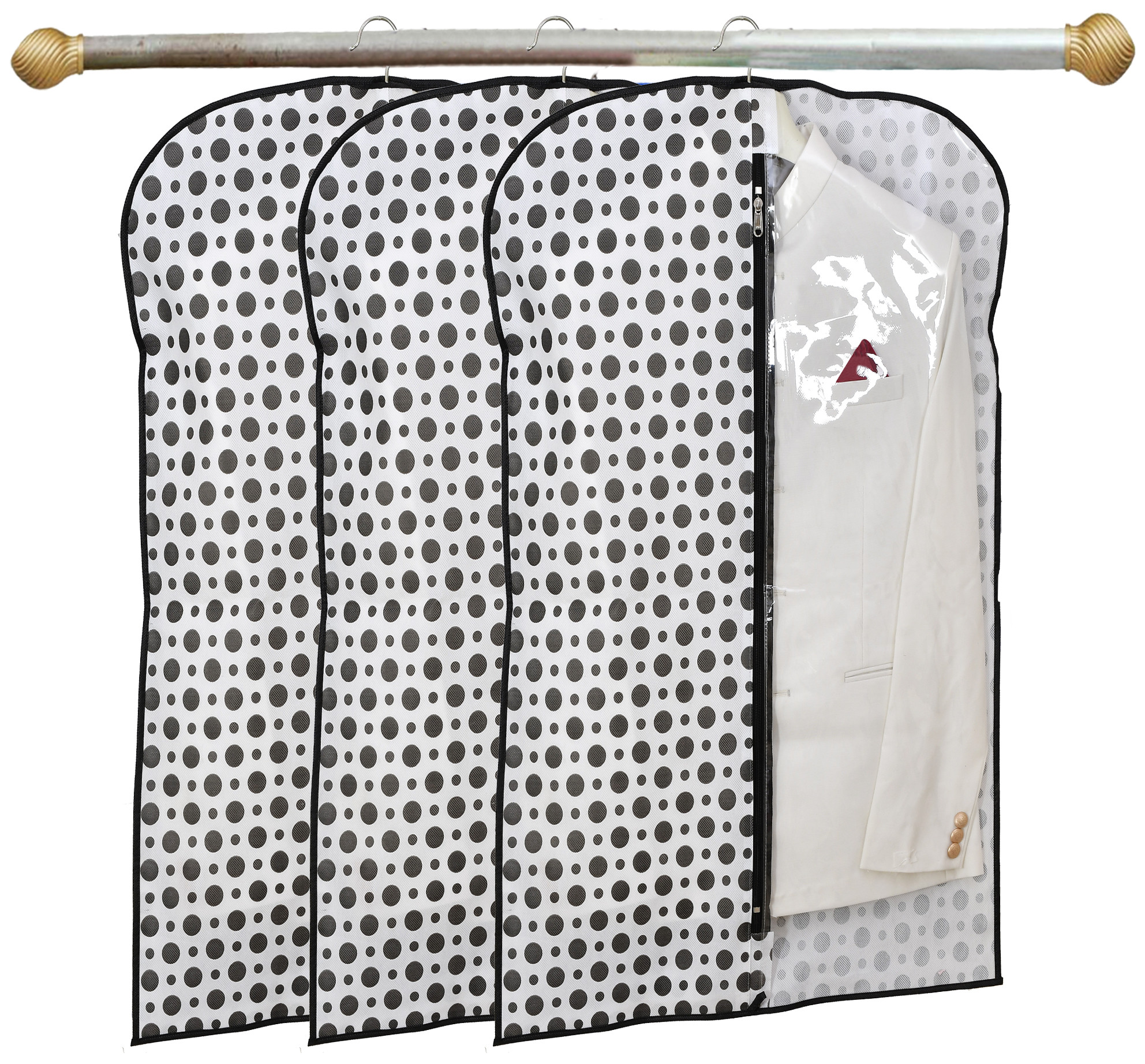 Kuber Industries Polka Dots Printed Half Transparent Non Woven Men's Coat Blazer Cover (Black & White)-KUBMART882