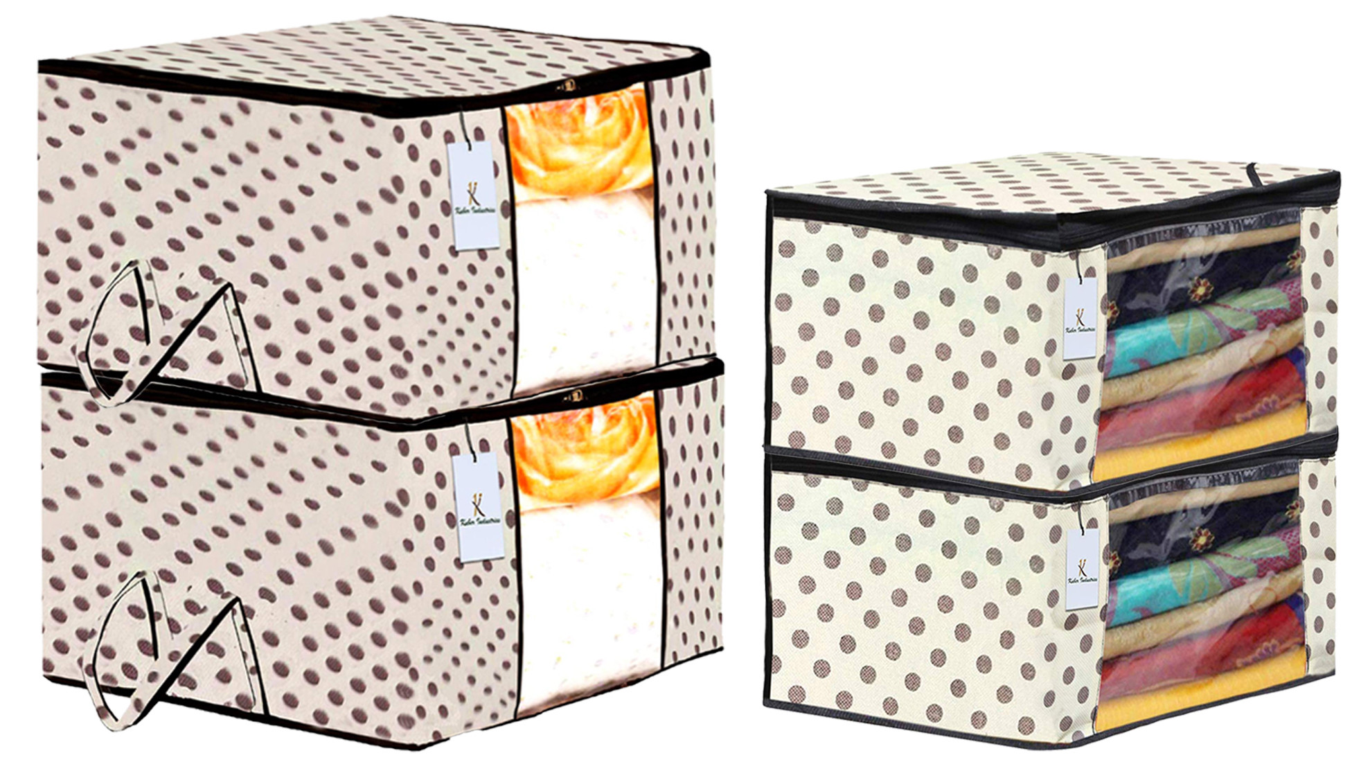Kuber Industries Polka Dots Printed Non Woven Saree Cover And Underbed Storage Bag, Cloth Organizer For Storage, Blanket Cover Combo Set (Ivory) -CTKTC38643