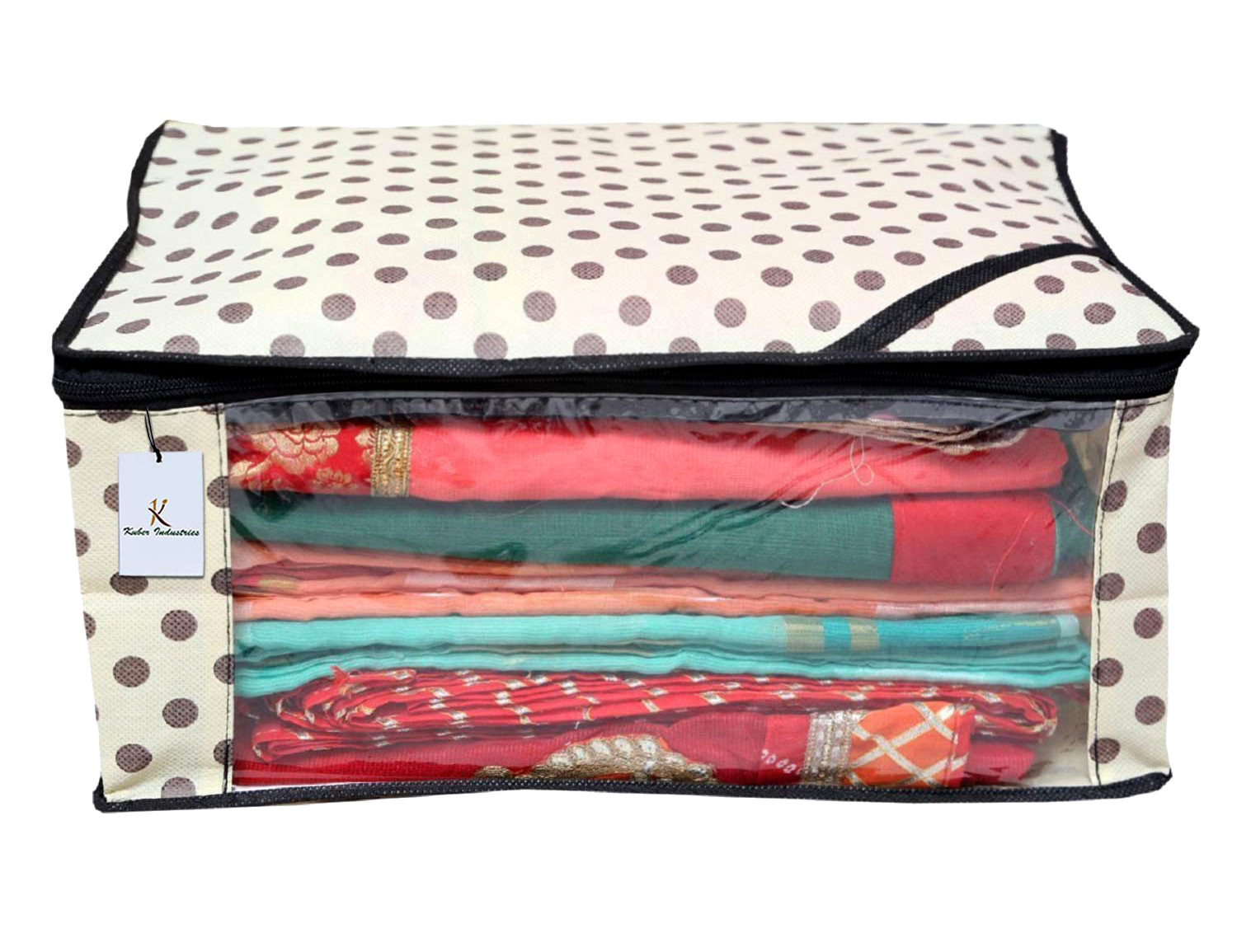 Kuber Industries Polka Dots Printed Non Woven Saree Cover And Underbed Storage Bag, Cloth Organizer For Storage, Blanket Cover Combo Set (Ivory) -CTKTC38643