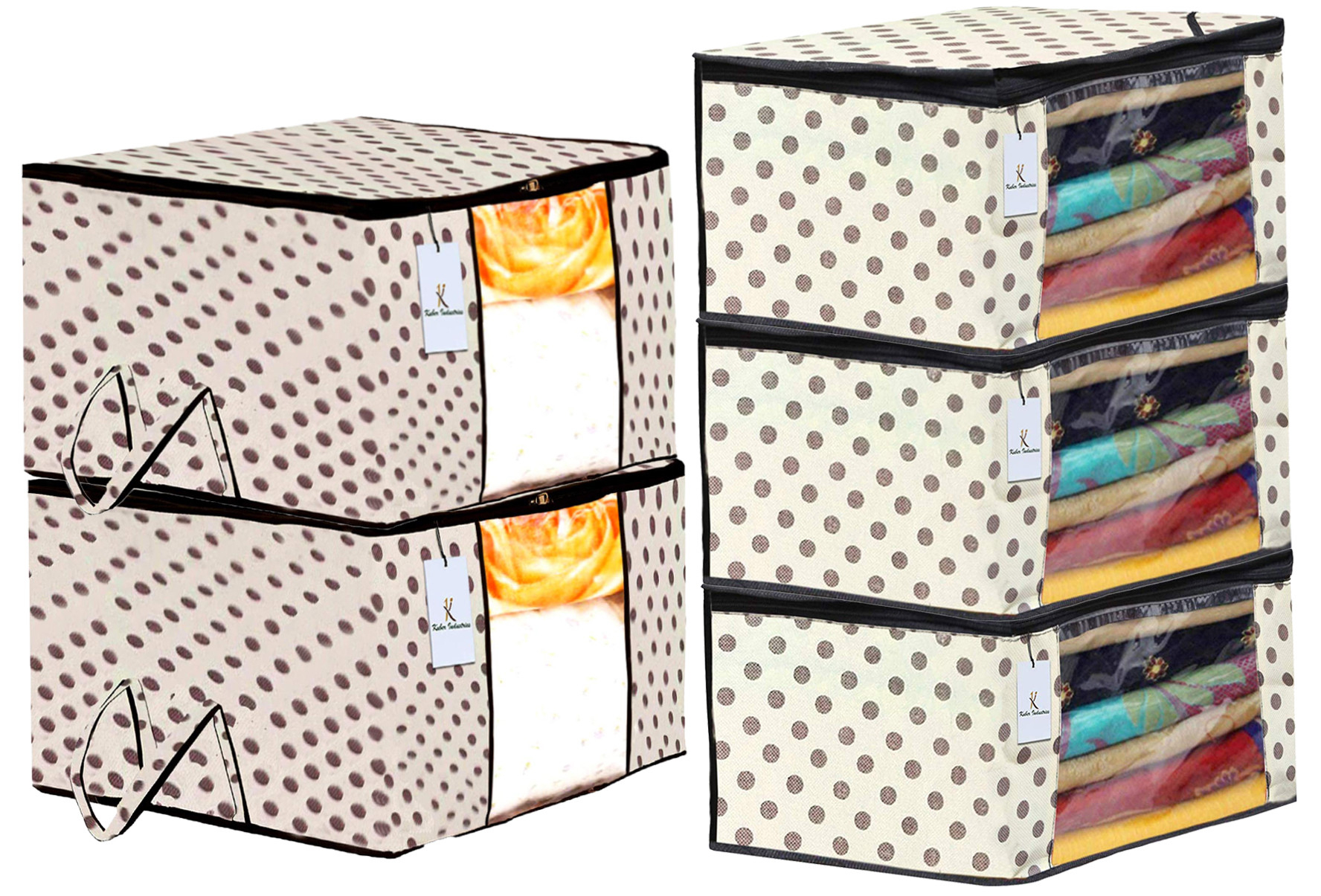 Kuber Industries Polka Dots Printed Non Woven Saree Cover And Underbed Storage Bag, Cloth Organizer For Storage, Blanket Cover Combo Set (Ivory) -CTKTC38643