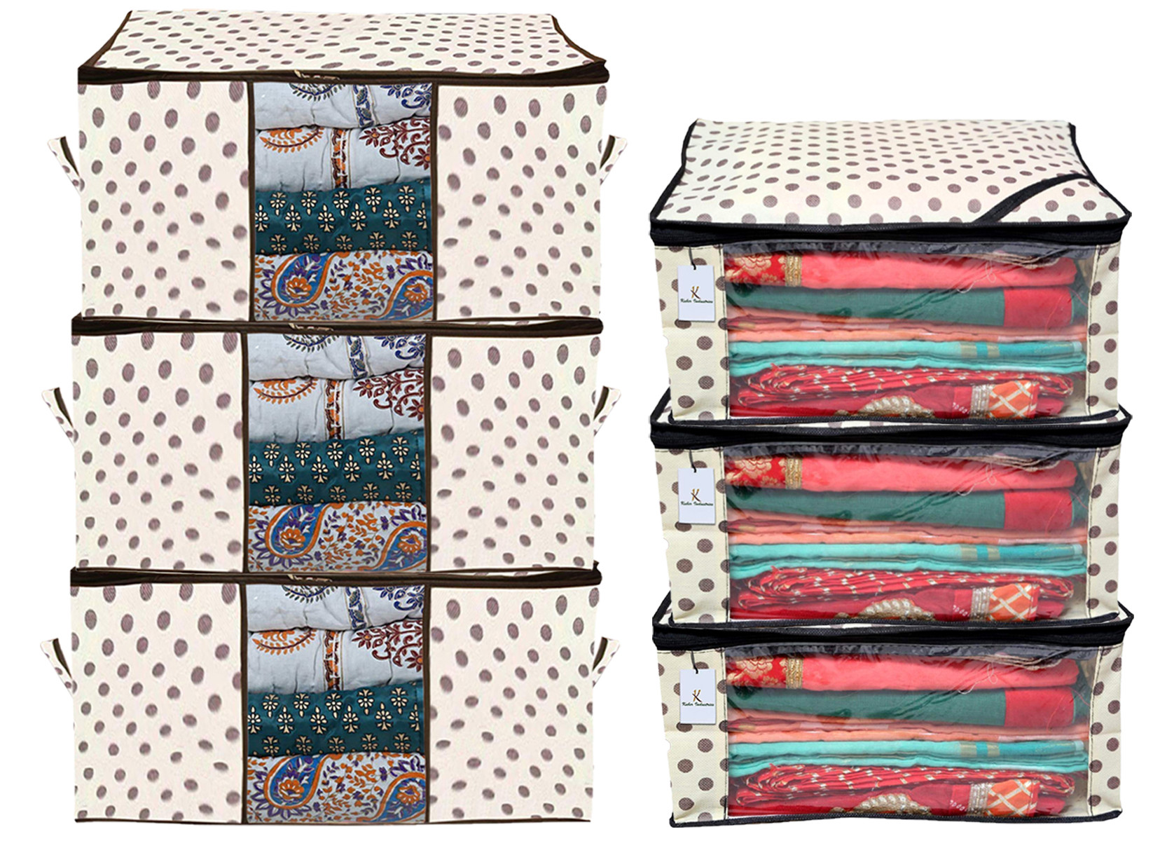 Kuber Industries Polka Dots Printed Non Woven Saree Cover And Underbed Storage Bag, Cloth Organizer For Storage, Blanket Cover Combo Set (Ivory) -CTKTC38643