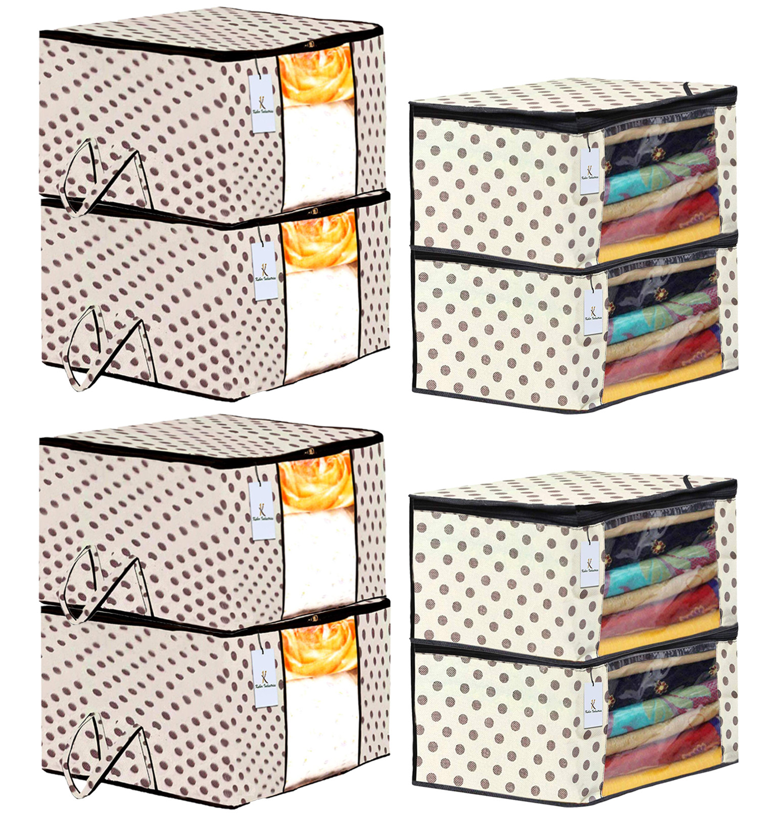 Kuber Industries Polka Dots Printed Non Woven Saree Cover And Underbed Storage Bag, Cloth Organizer For Storage, Blanket Cover Combo Set (Ivory) -CTKTC38643