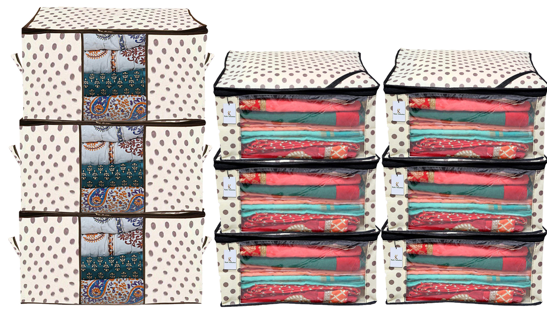 Kuber Industries Polka Dots Printed Non Woven Saree Cover And Underbed Storage Bag, Cloth Organizer For Storage, Blanket Cover Combo Set (Ivory) -CTKTC38643