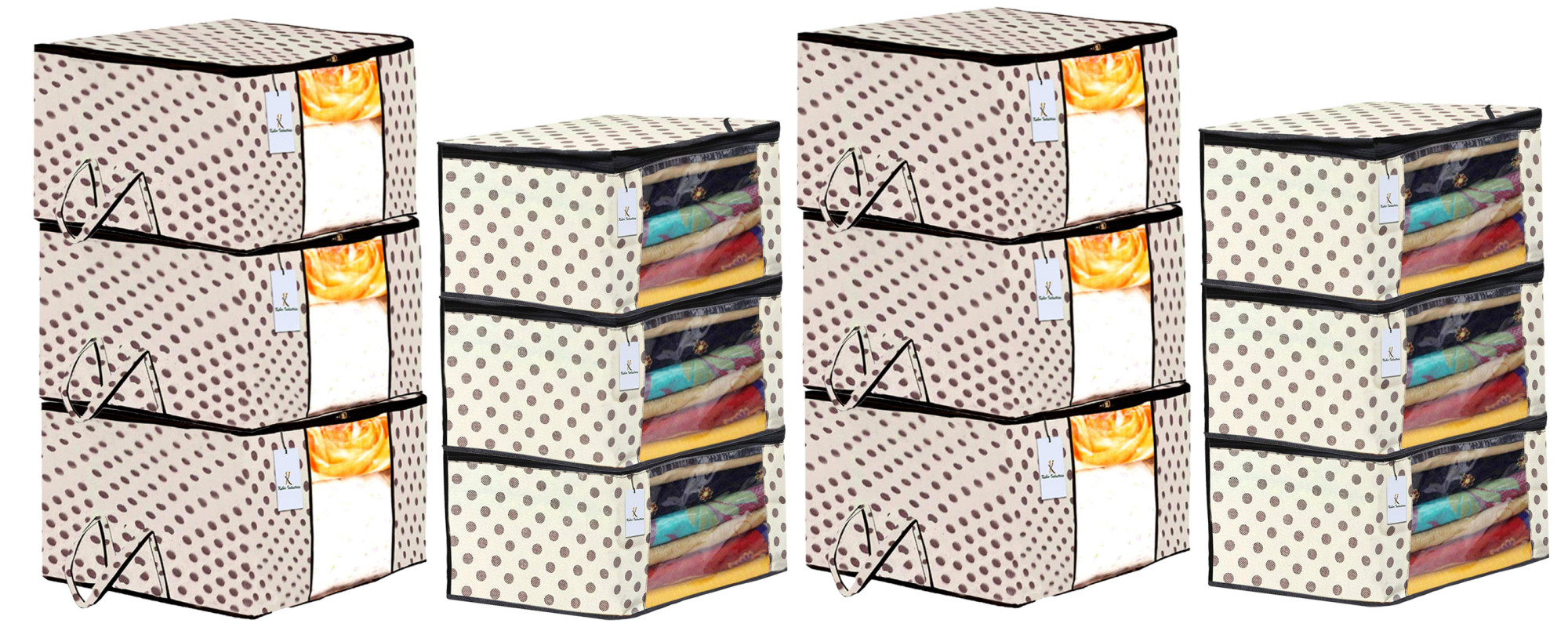 Kuber Industries Polka Dots Printed Non Woven Saree Cover And Underbed Storage Bag, Cloth Organizer For Storage, Blanket Cover Combo Set (Ivory) -CTKTC38643