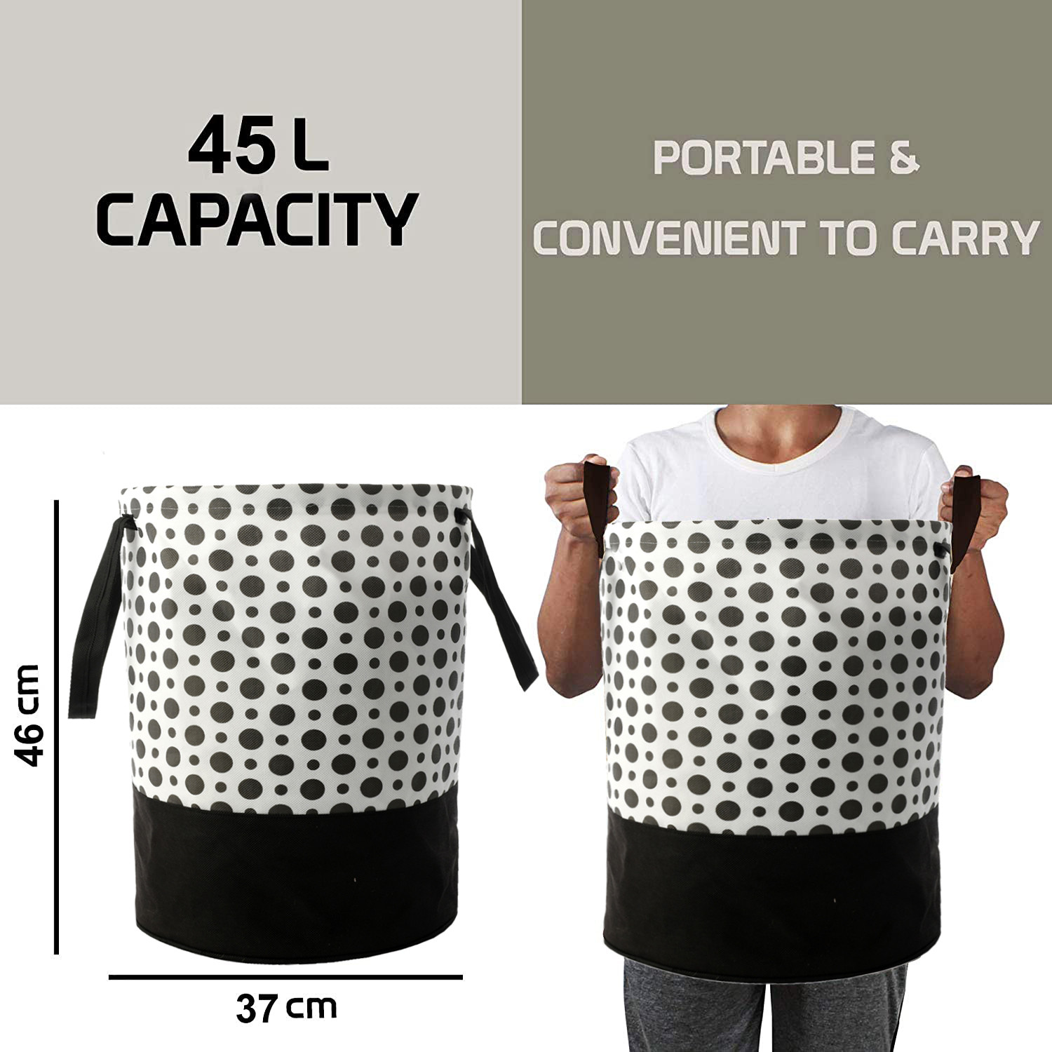 Kuber Industries Polka Dots Printed Waterproof Canvas Laundry Bag, Toy Storage, Laundry Basket Organizer 45 L (Black & White)