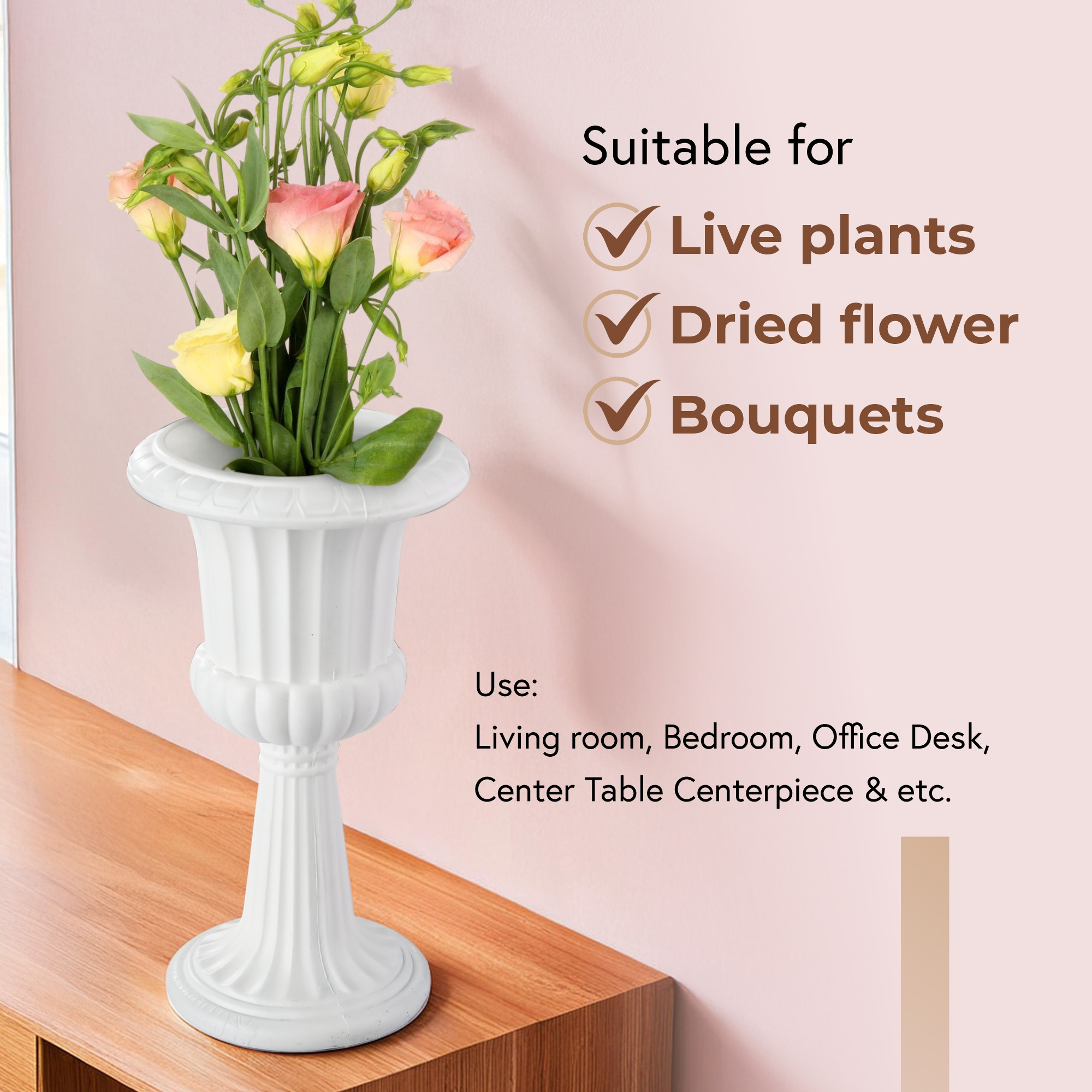 Kuber Industries Poly Fiber 13 Inch Aesthetic Flower Vase Long for Living Room and Center Table Bedroom  White Vase for Home Decoration and Centerpiece for Office Desk Decor  Victory Shape