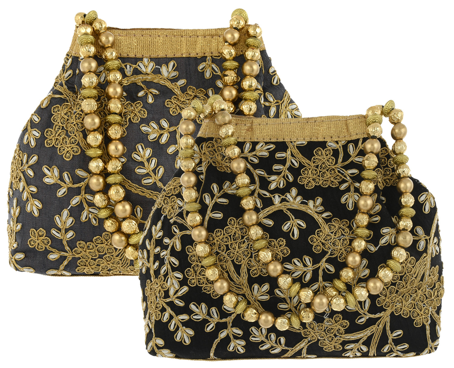 Kuber Industries Polyester 2 Pieces Embroidered Potli Batwa Pouch Bag for Women (Grey & Black)