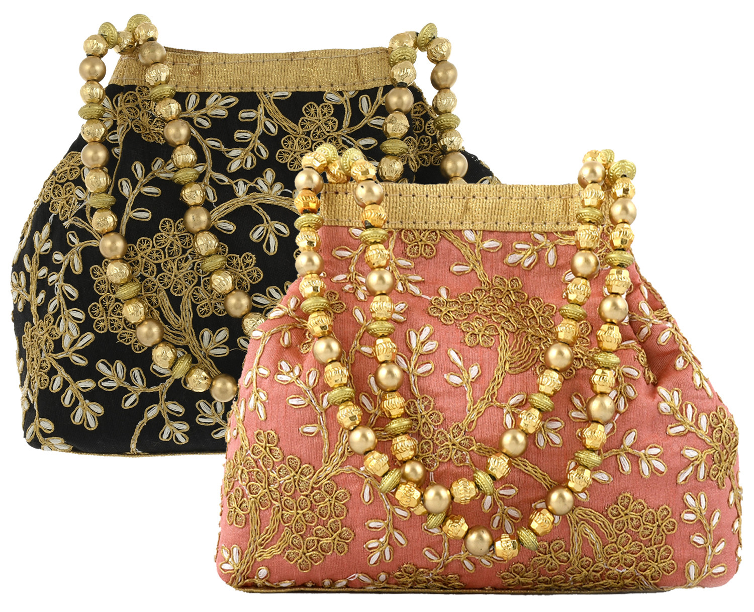 Kuber Industries Polyester 2 Pieces Embroidered Potli Batwa Pouch Bag for Women (Peach & Black)