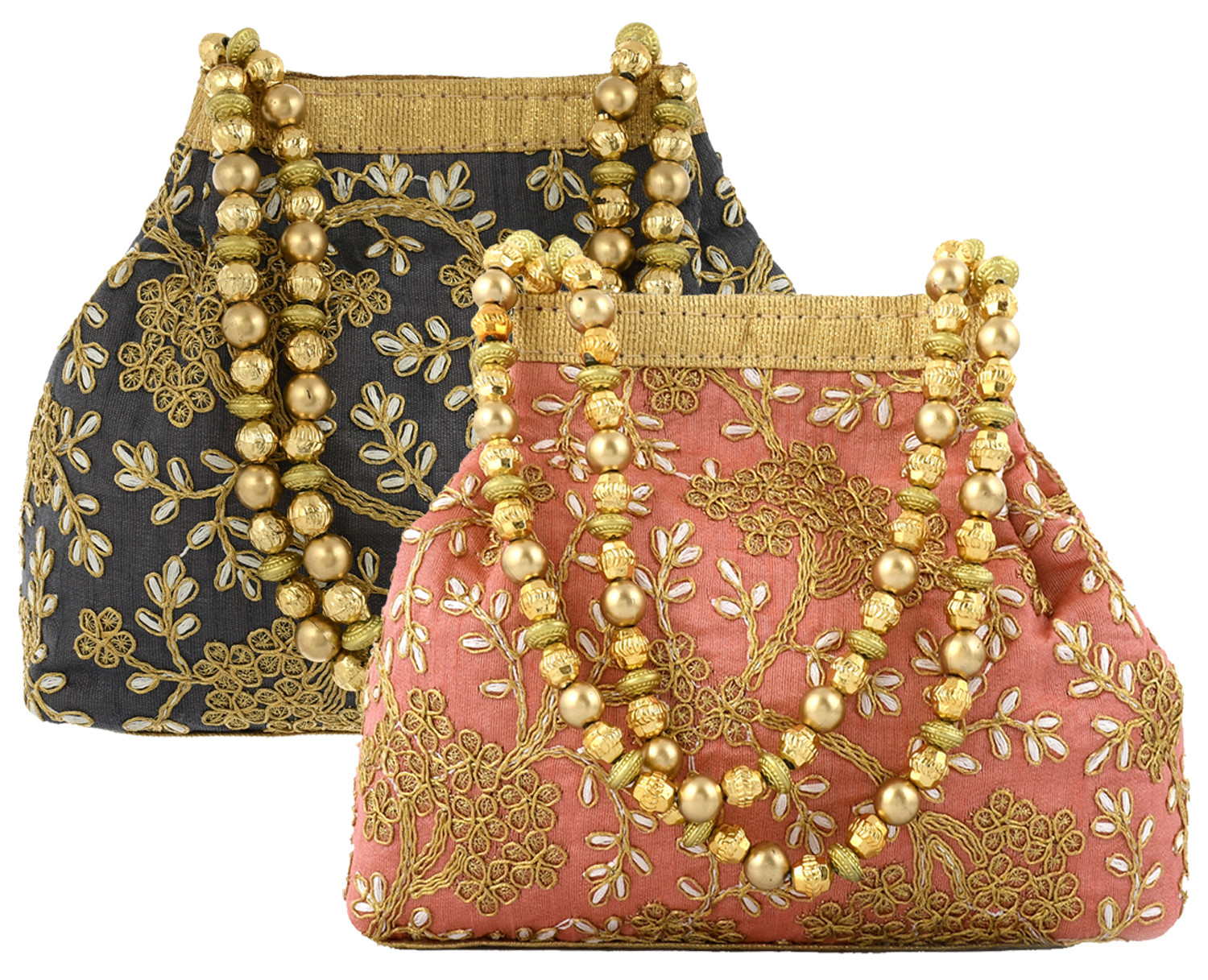 Kuber Industries Polyester 2 Pieces Embroidered Potli Batwa Pouch Bag for Women (Peach & Grey)
