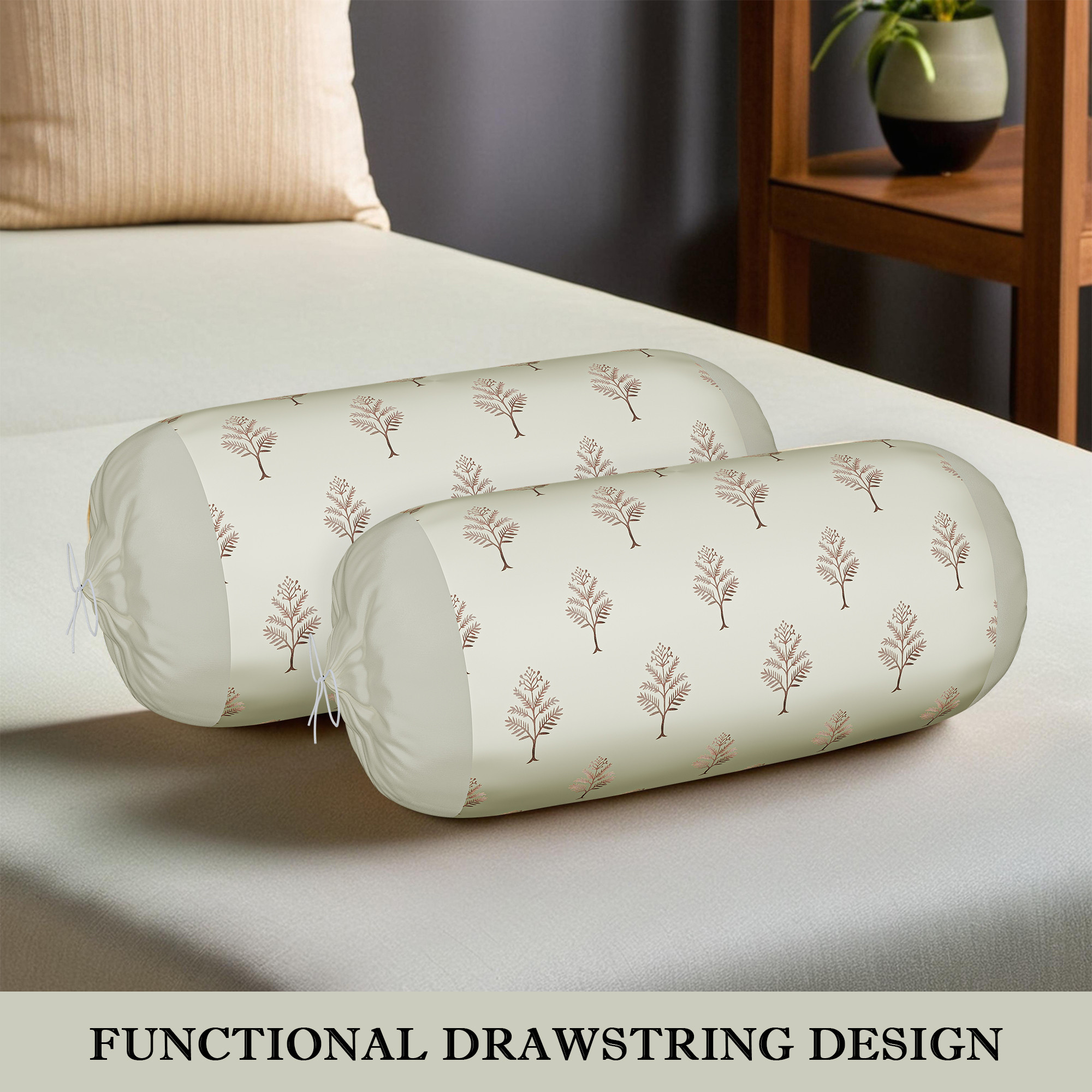 Kuber Industries Polyester Bolster Cover  with Drawstring Closure for Living Room  Diwan and Bedside Round Masand Pillow Cover for Home Decor and Lounge Use  Golden Tree - Cream