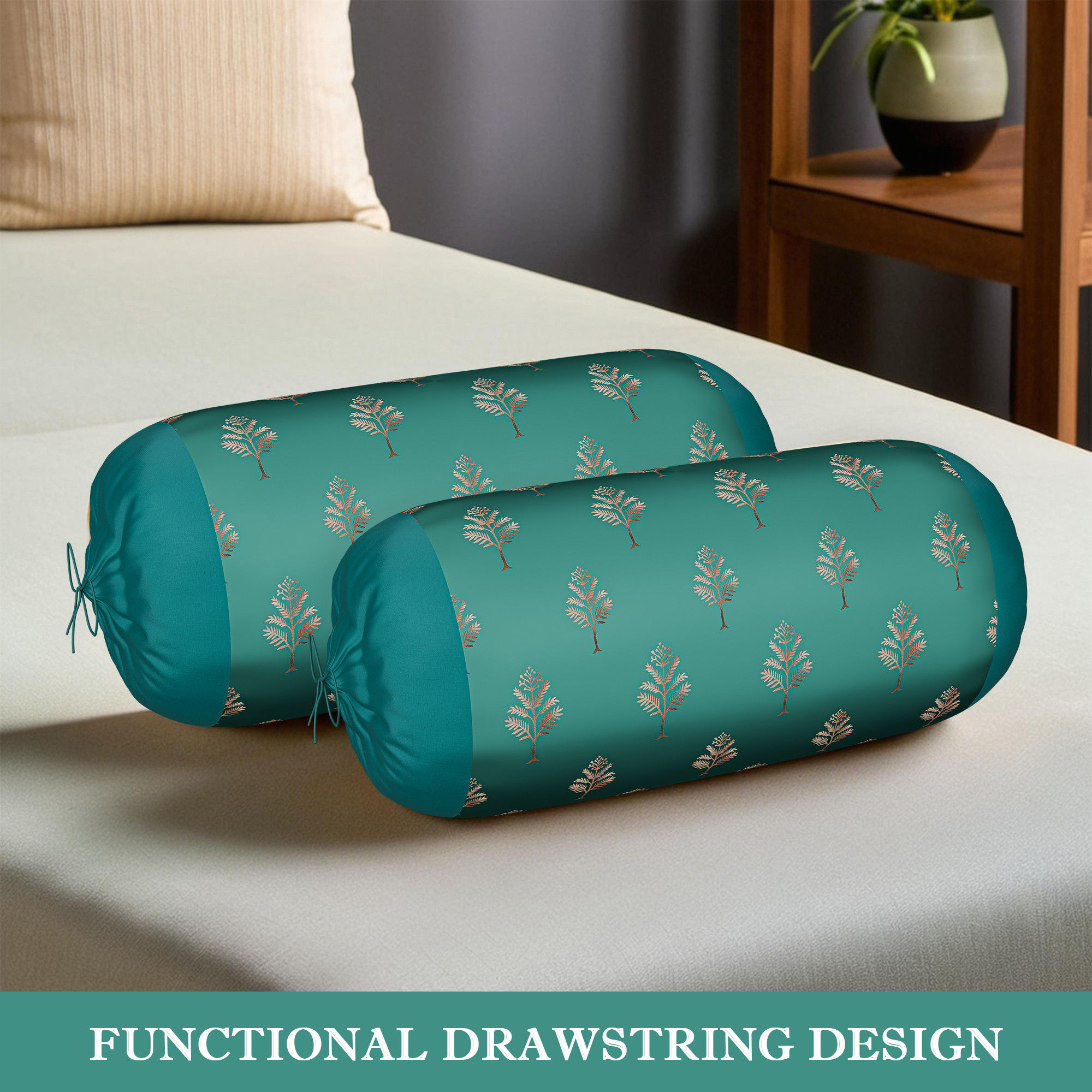Kuber Industries Polyester Bolster Cover  with Drawstring Closure for Living Room  Diwan and Bedside Round Masand Pillow Cover for Home Decor and Lounge Use  Golden Tree - Green