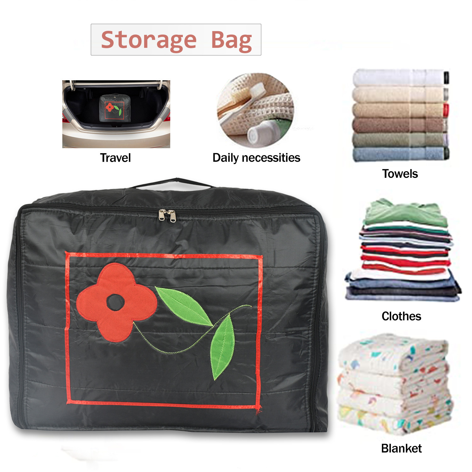 Kuber Industries Polyester Clothes Storage Bag for Travel|Moisture Proof & Foldable|Flower Pattern Wardrobe Organizer Large Size (Black)