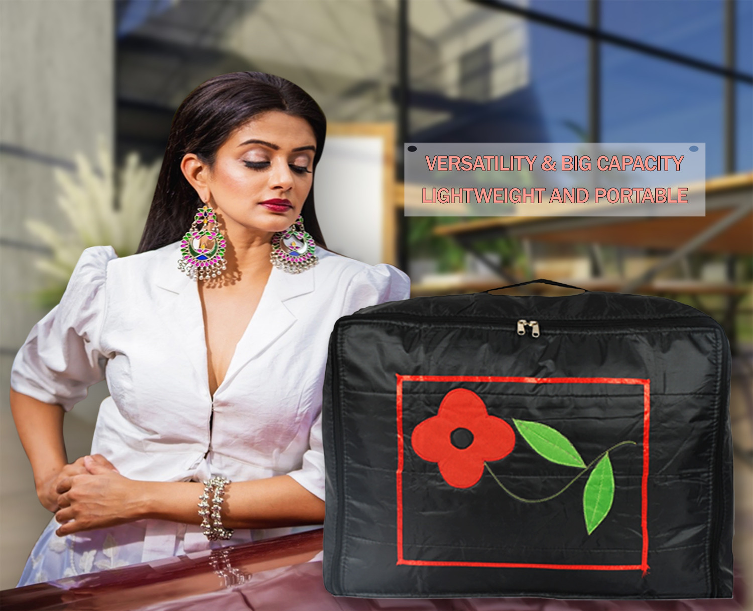 Kuber Industries Polyester Clothes Storage Bag for Travel|Moisture Proof & Foldable|Flower Pattern Wardrobe Organizer Large Size (Black)