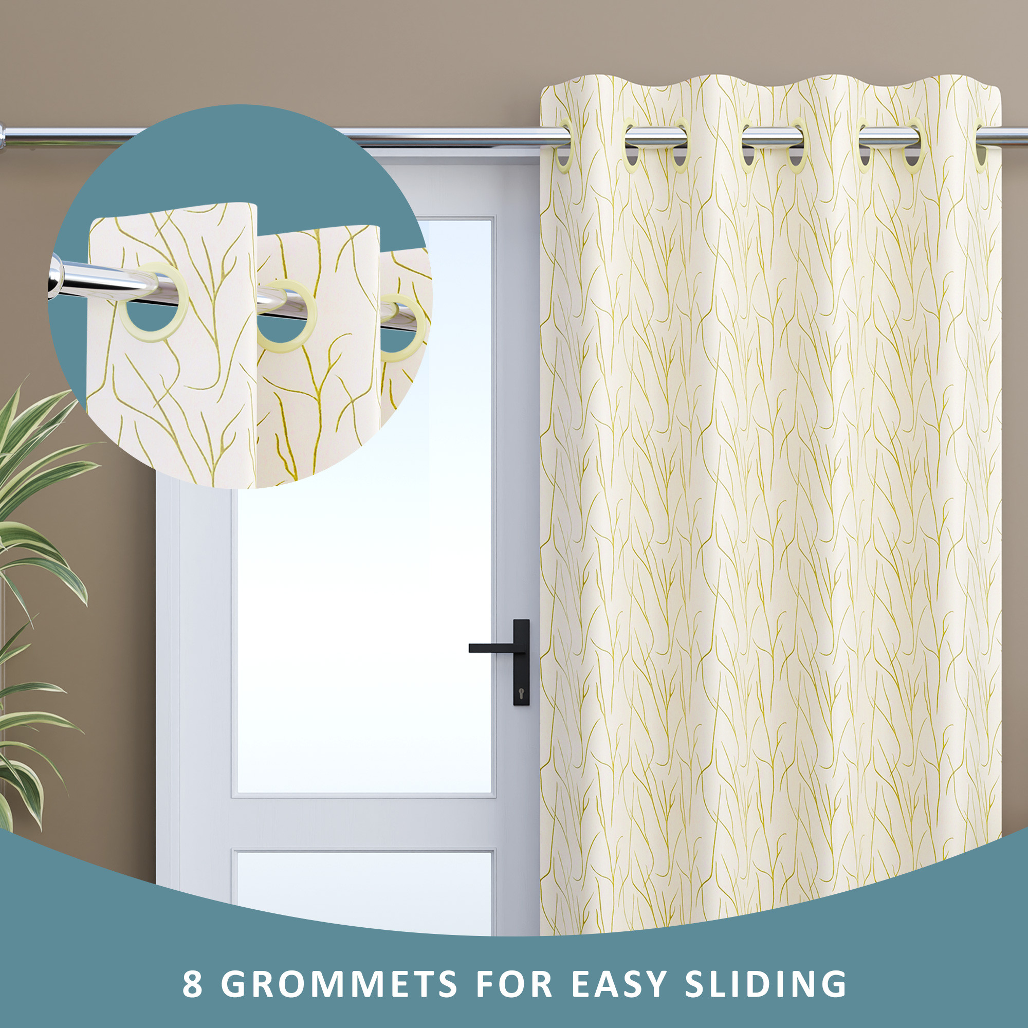 Kuber Industries Polyester Curtains for Door 7 Feet with 8 Grommets  Soft  Fade-Resistant Home Decor Light Filtering Curtain for Living Room and Bedroom  Digital Branches - Cream Golden