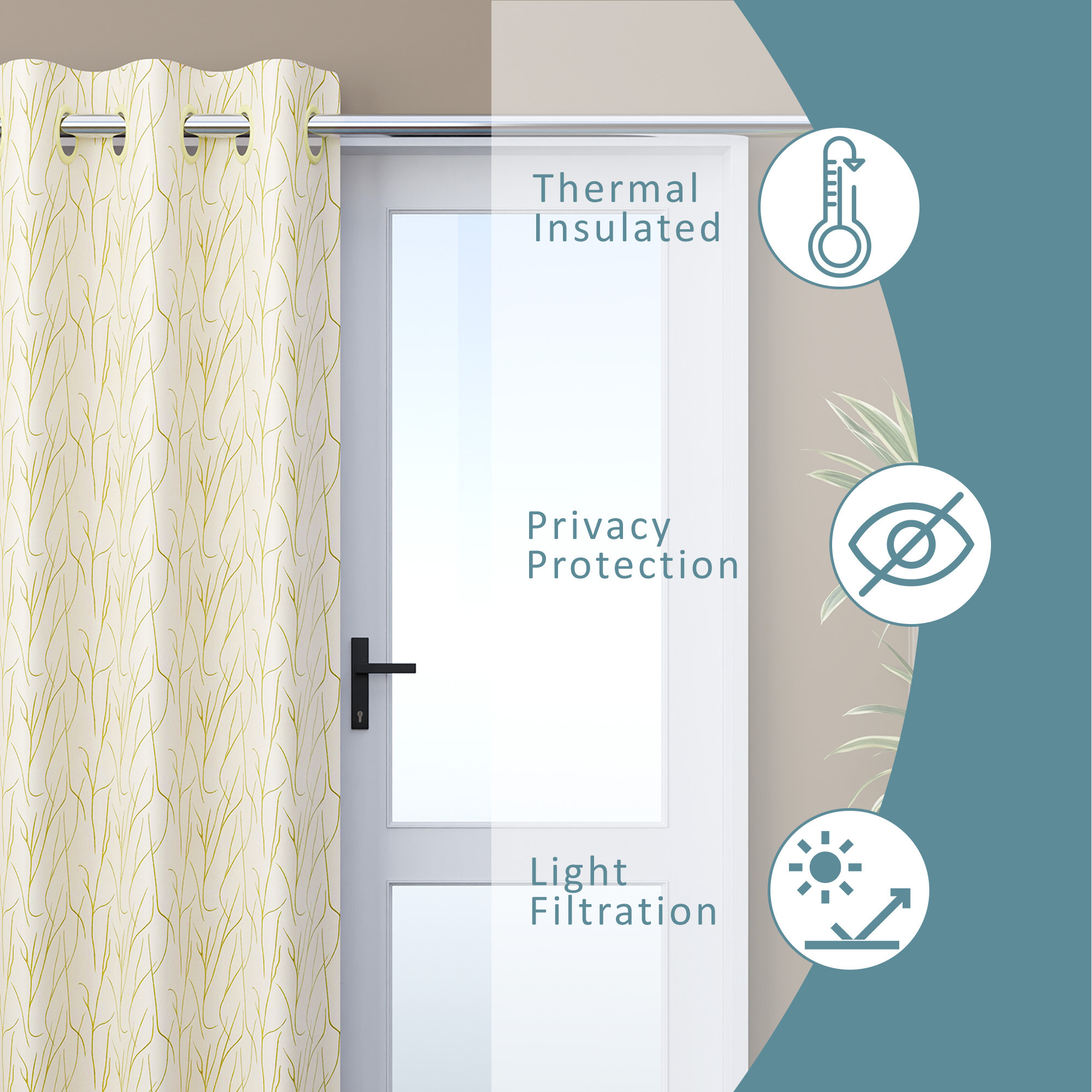 Kuber Industries Polyester Curtains for Door 7 Feet with 8 Grommets  Soft  Fade-Resistant Home Decor Light Filtering Curtain for Living Room and Bedroom  Digital Branches - Cream Golden