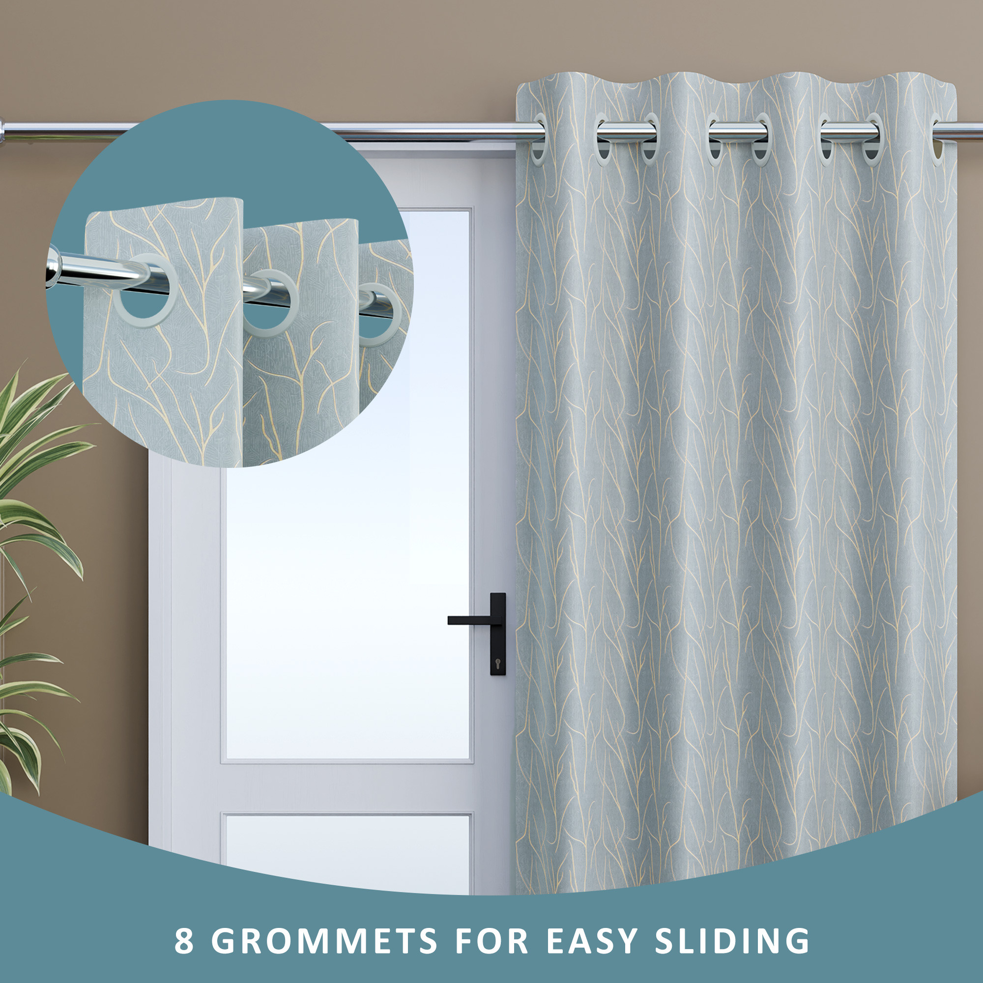 Kuber Industries Polyester Curtains for Door 7 Feet with 8 Grommets  Soft  Fade-Resistant Home Decor Light Filtering Curtain for Living Room and Bedroom  Digital Branches - Grey  Golden