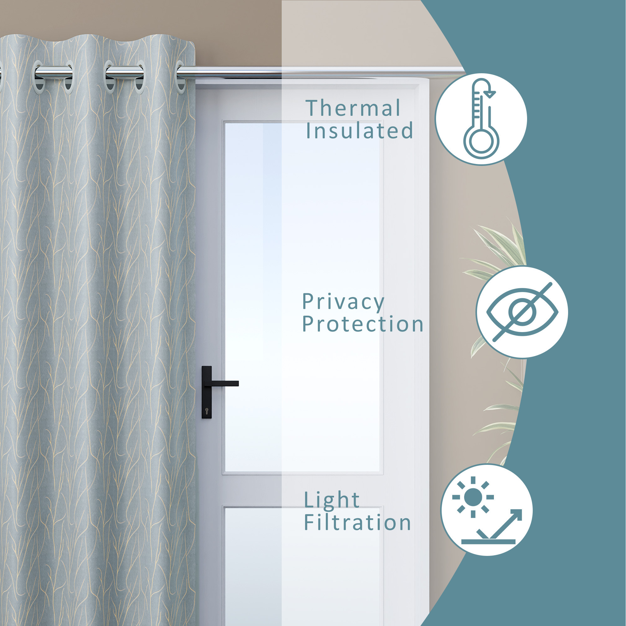 Kuber Industries Polyester Curtains for Door 7 Feet with 8 Grommets  Soft  Fade-Resistant Home Decor Light Filtering Curtain for Living Room and Bedroom  Digital Branches - Grey  Golden