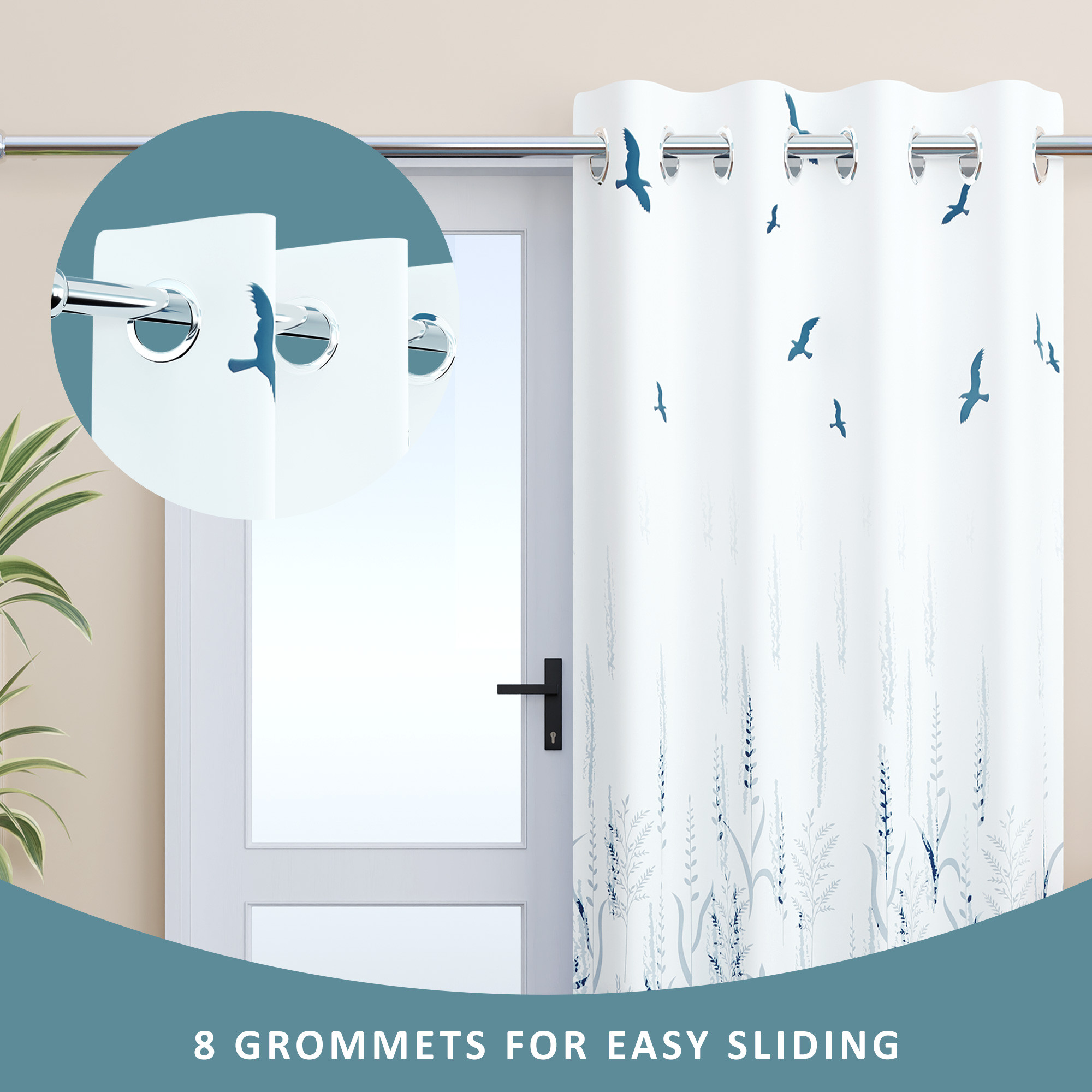 Kuber Industries Polyester Curtains for Door 7 Feet with 8 Grommets  Soft  Fade-Resistant Home Decor Light Filtering Curtain for Living Room and Bedroom  Digital Birds - White  Grey