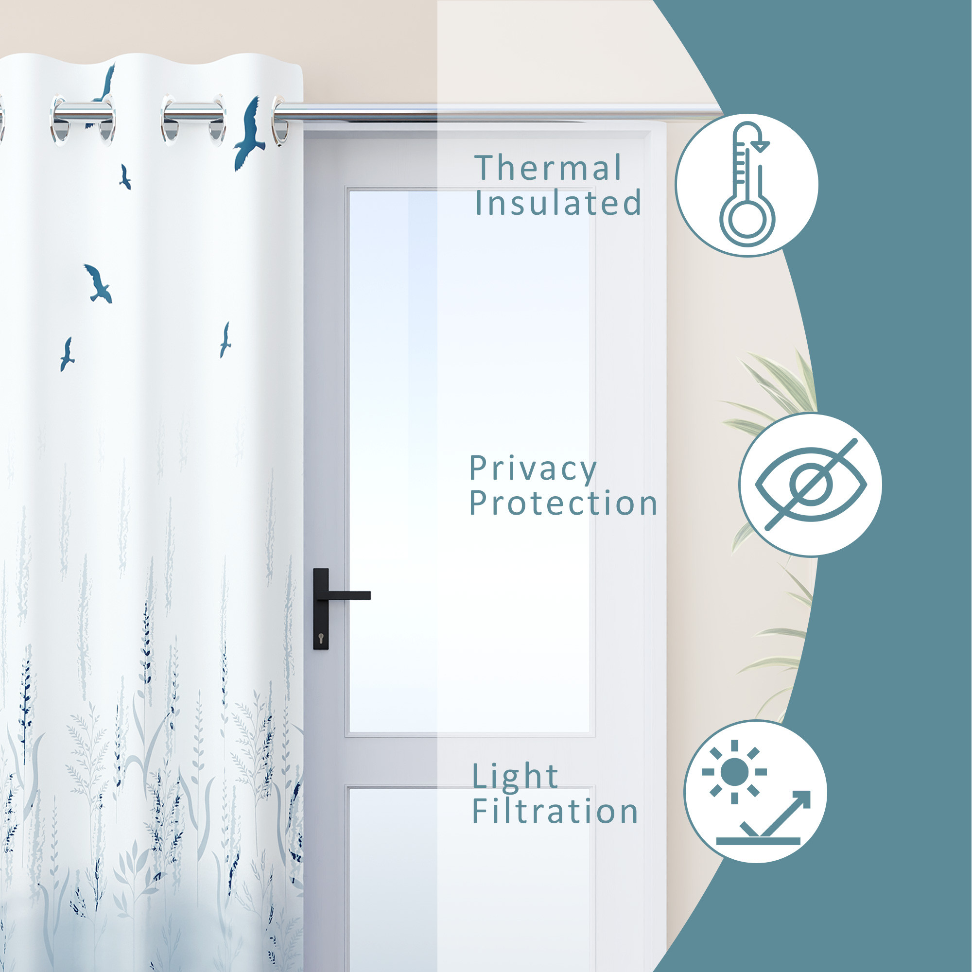 Kuber Industries Polyester Curtains for Door 7 Feet with 8 Grommets  Soft  Fade-Resistant Home Decor Light Filtering Curtain for Living Room and Bedroom  Digital Birds - White  Grey