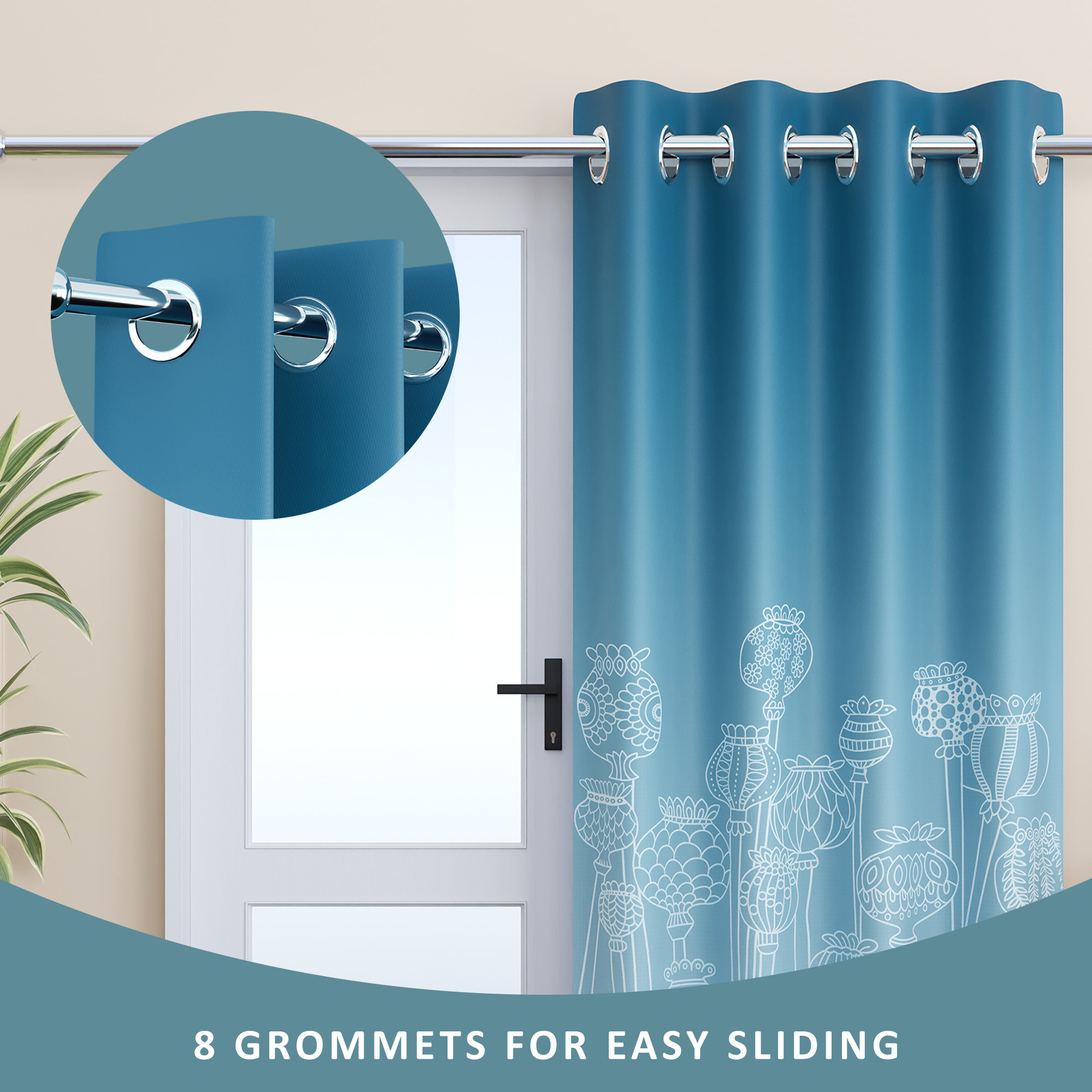 Kuber Industries Polyester Curtains for Door 7 Feet with 8 Grommets  Soft  Fade-Resistant Home Decor Light Filtering Curtain for Living Room and Bedroom  Digital Matki Flower - Blue