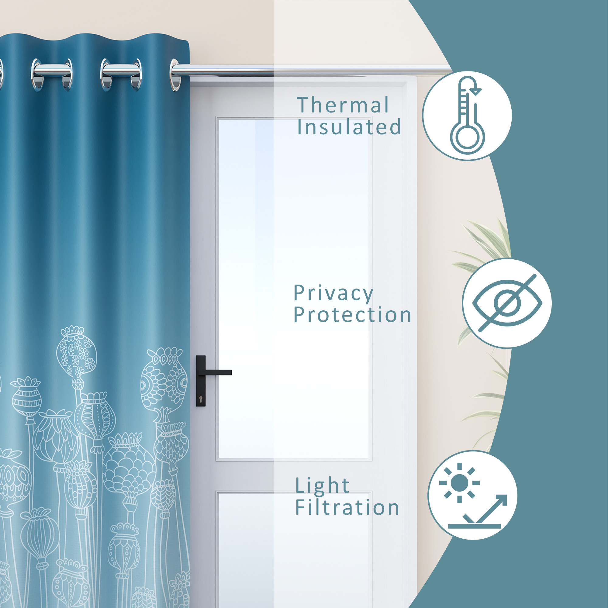 Kuber Industries Polyester Curtains for Door 7 Feet with 8 Grommets  Soft  Fade-Resistant Home Decor Light Filtering Curtain for Living Room and Bedroom  Digital Matki Flower - Blue