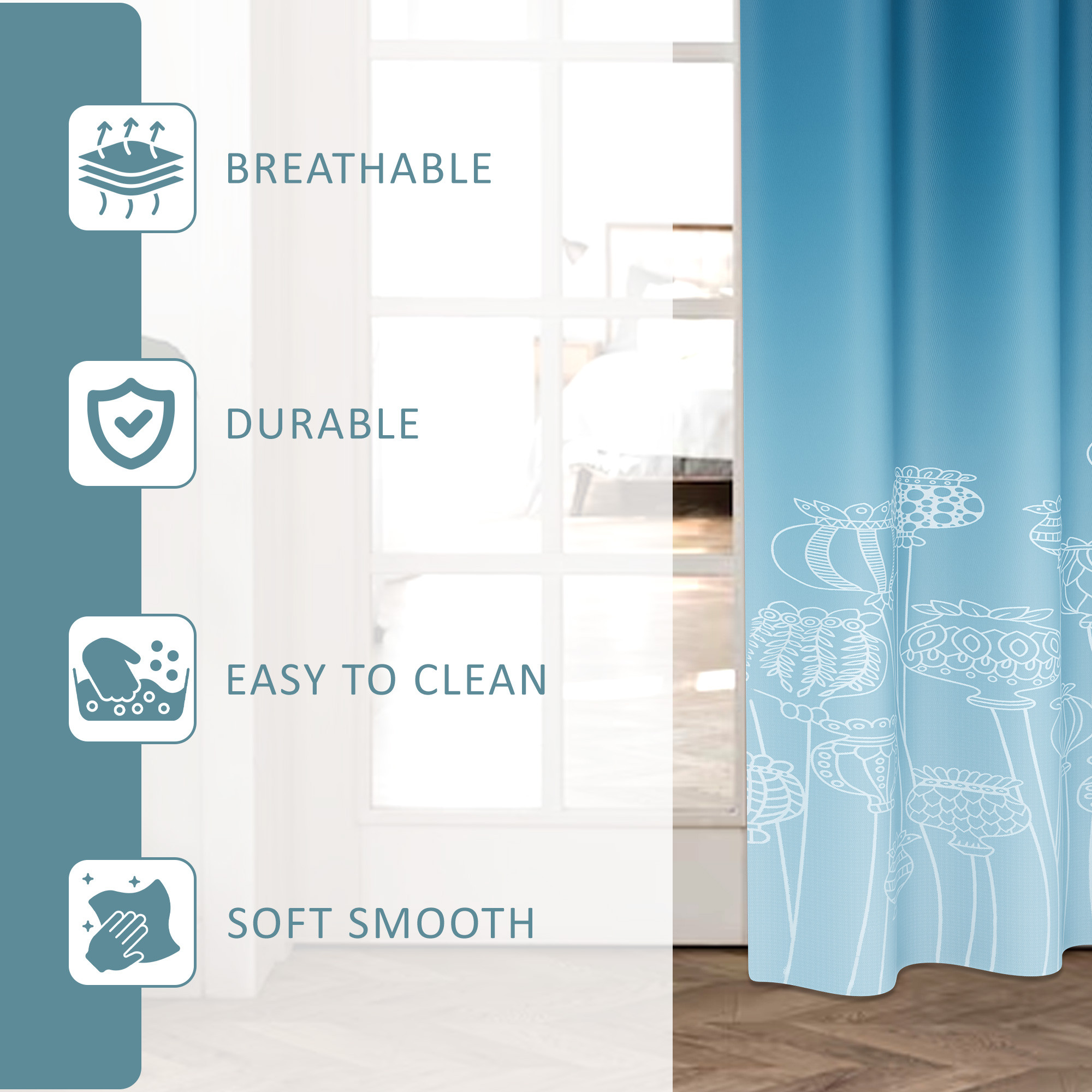 Kuber Industries Polyester Curtains for Door 7 Feet with 8 Grommets  Soft  Fade-Resistant Home Decor Light Filtering Curtain for Living Room and Bedroom  Digital Matki Flower - Blue