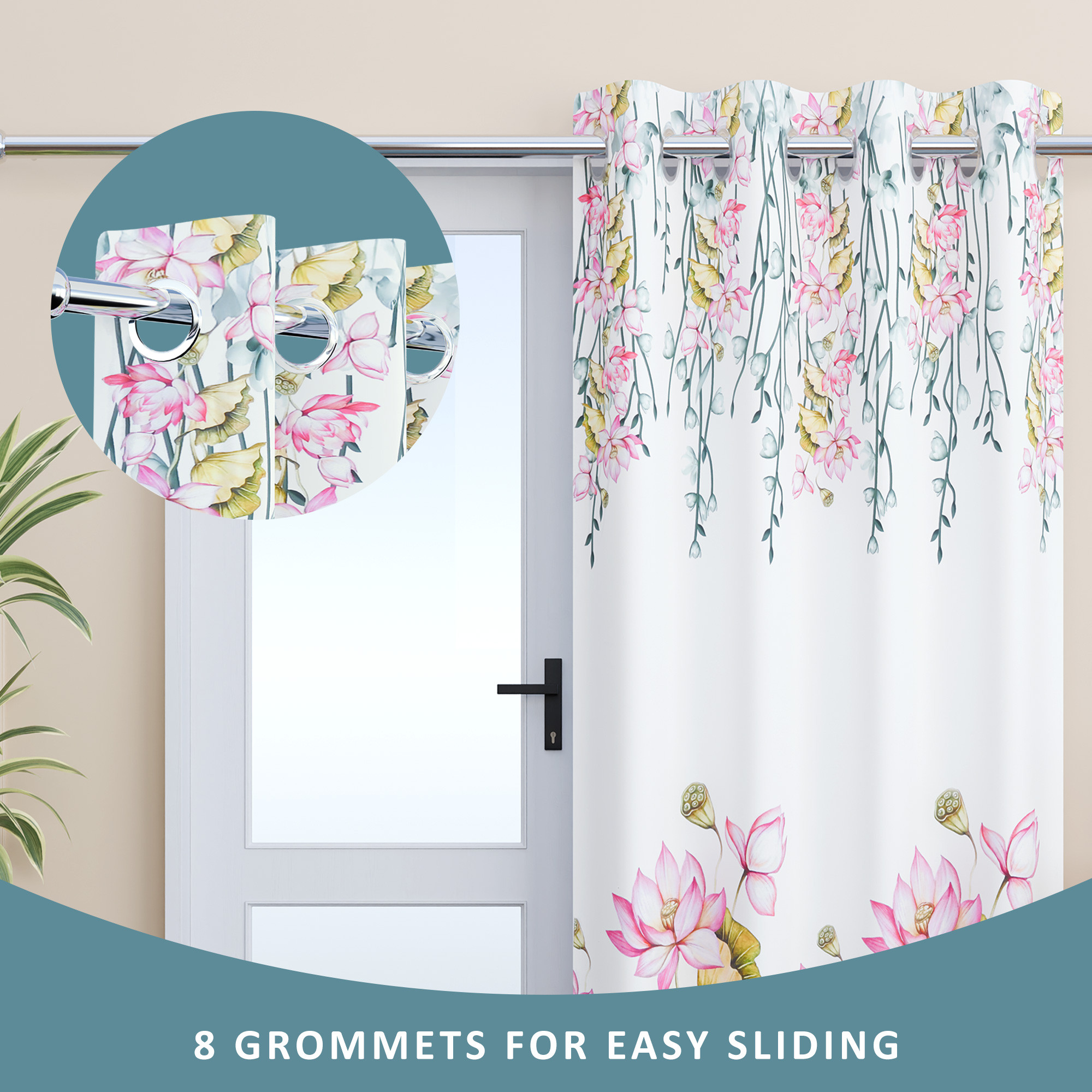 Kuber Industries Polyester Curtains for Door 7 Feet with 8 Grommets  Soft  Fade-Resistant Home Decor Light Filtering Curtain for Living Room and Bedroom  Digital Lotus Flower - White