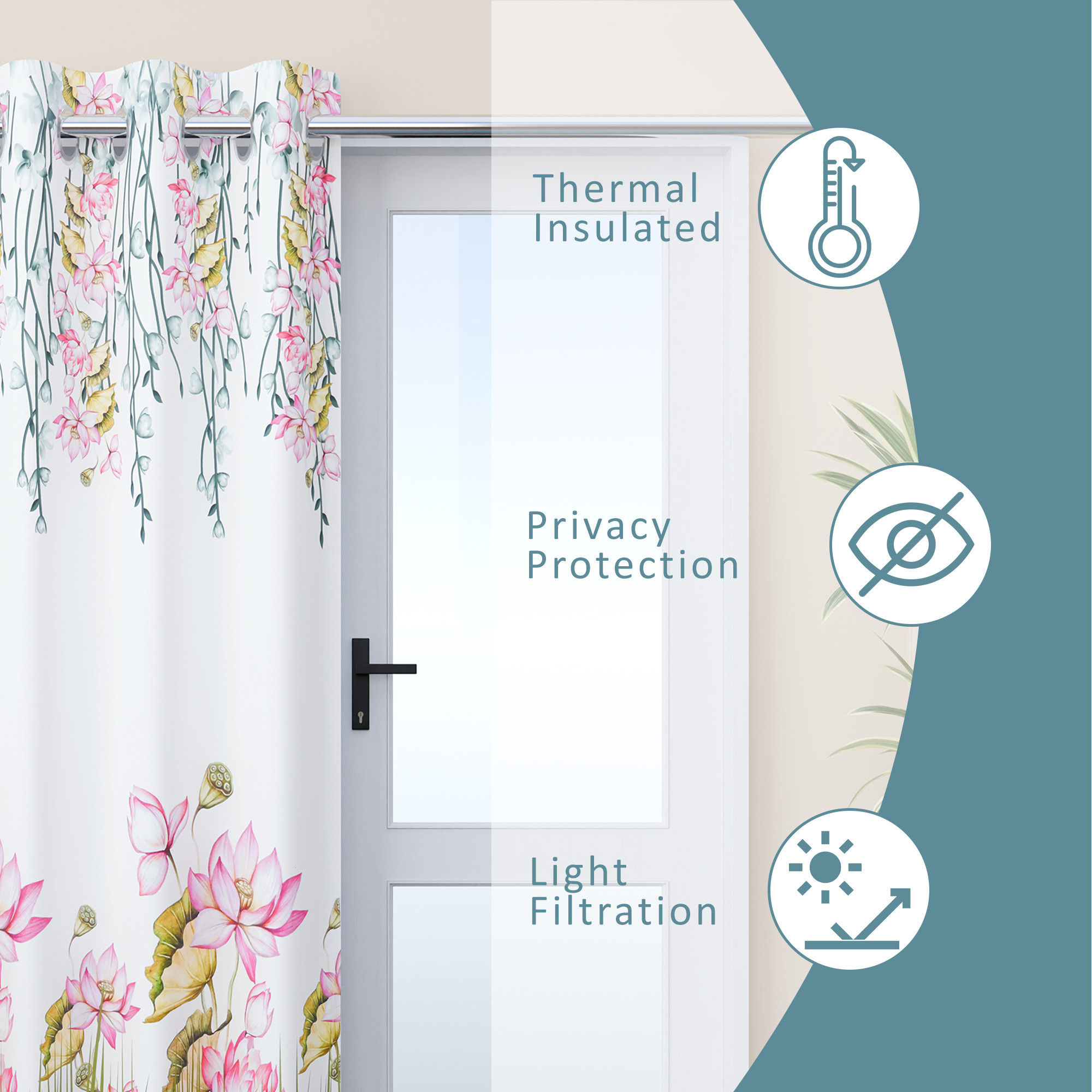 Kuber Industries Polyester Curtains for Door 7 Feet with 8 Grommets  Soft  Fade-Resistant Home Decor Light Filtering Curtain for Living Room and Bedroom  Digital Lotus Flower - White