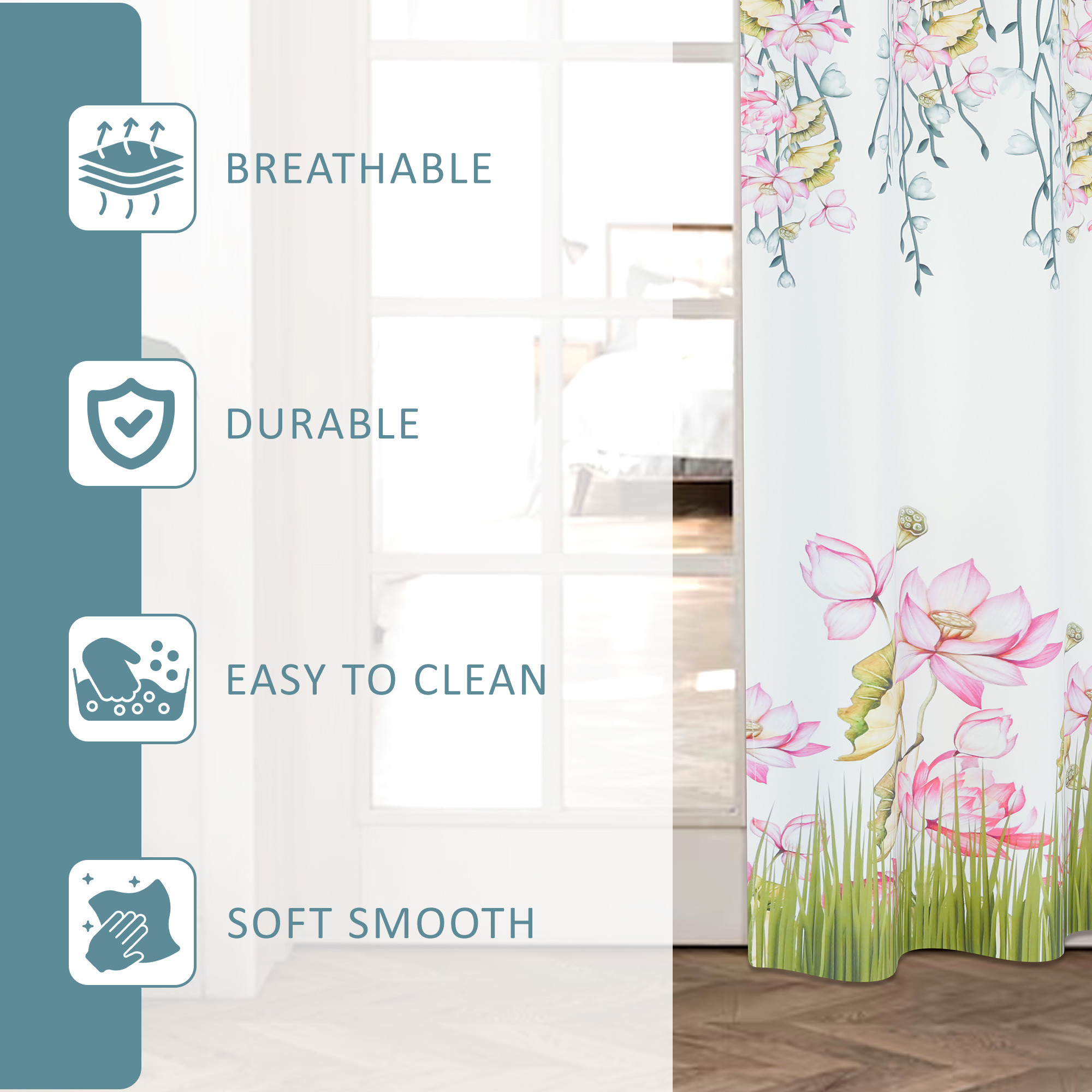Kuber Industries Polyester Curtains for Door 7 Feet with 8 Grommets  Soft  Fade-Resistant Home Decor Light Filtering Curtain for Living Room and Bedroom  Digital Lotus Flower - White