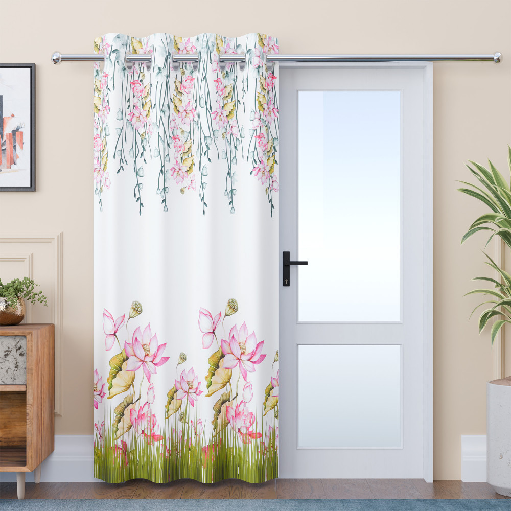 Image of Polyester Curtains for Door 7 Feet with 8 Grommets | Soft & Fade-Resistant Home Decor Light Filtering Curtain for Living Room and Bedroom | Digital Lotus Flower - White