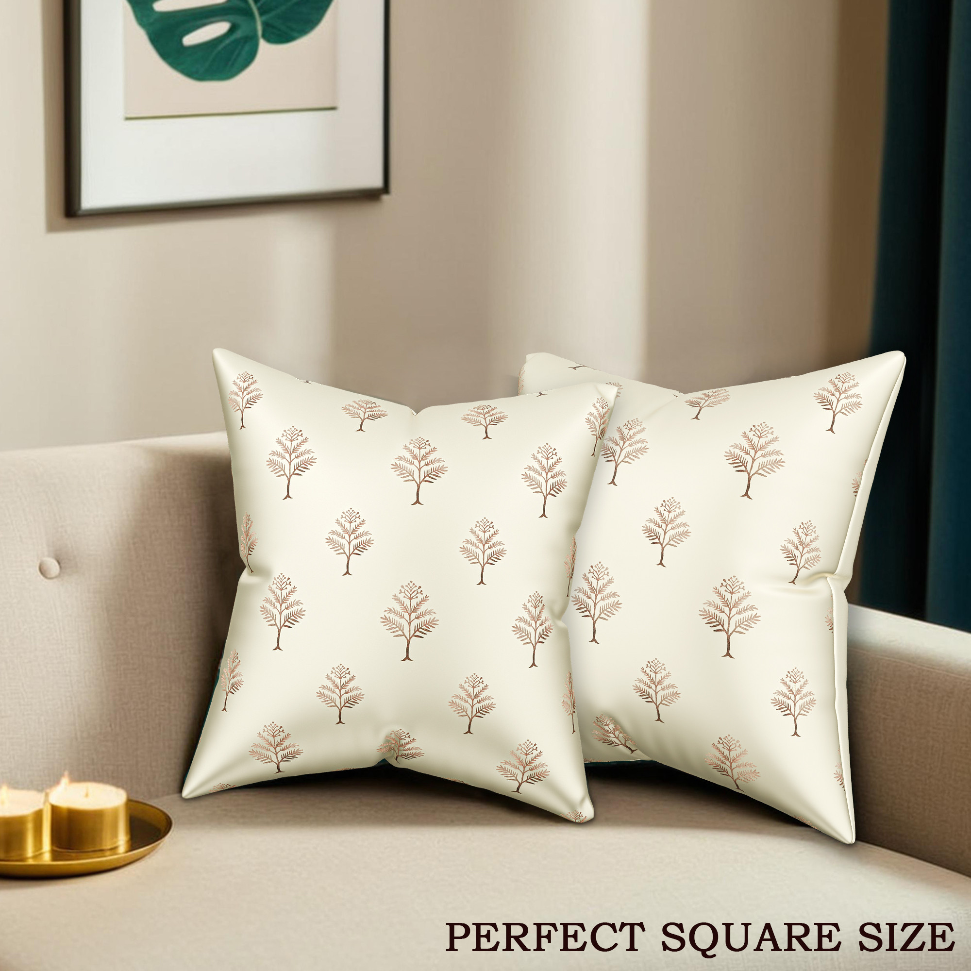 Kuber Industries Polyester Cushion Cover 16 Inch x 16 Inch Set of 5 with Zip Closure  Decorative Throw Pillow Square Cushion Cover for Sofa Set Bedroom and Living Room  Golden Tree - Cream