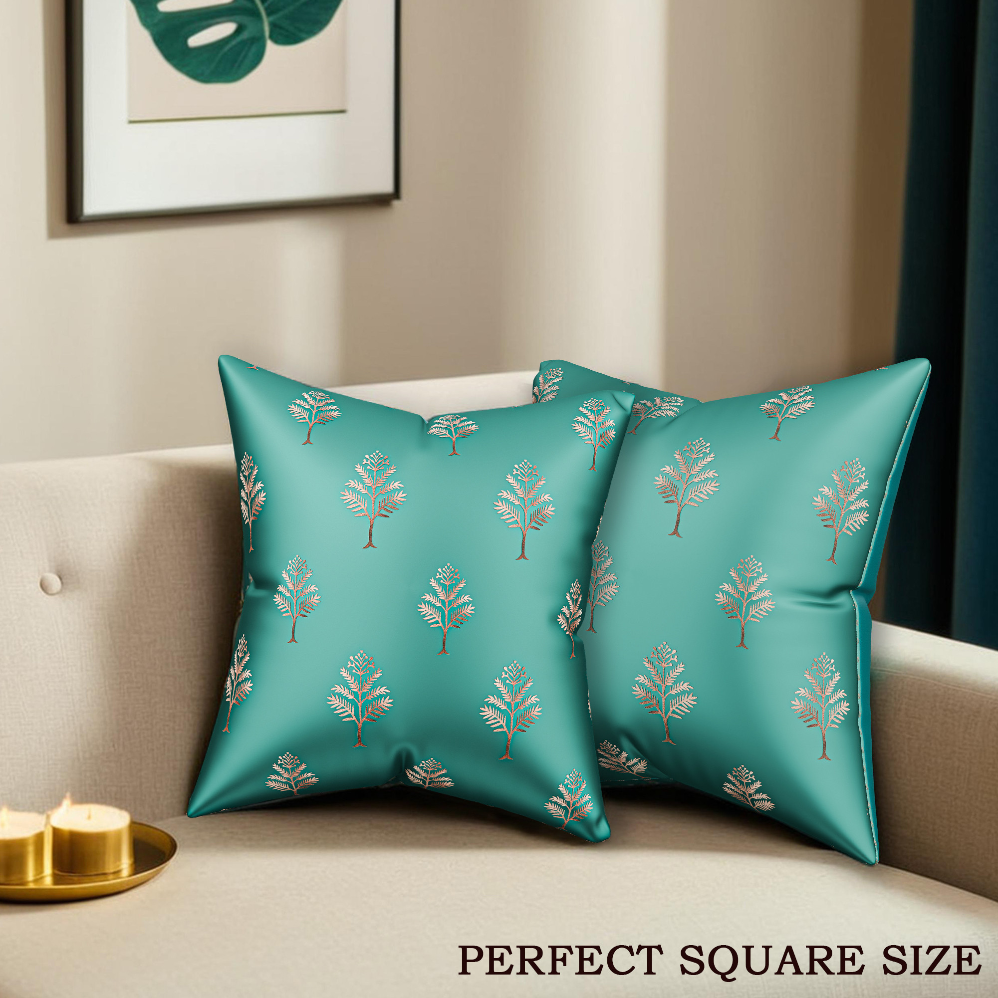 Kuber Industries Polyester Cushion Cover 16 Inch x 16 Inch Set of 5 with Zip Closure  Decorative Throw Pillow Square Cushion Cover for Sofa Set Bedroom and Living Room  Golden Tree - Green