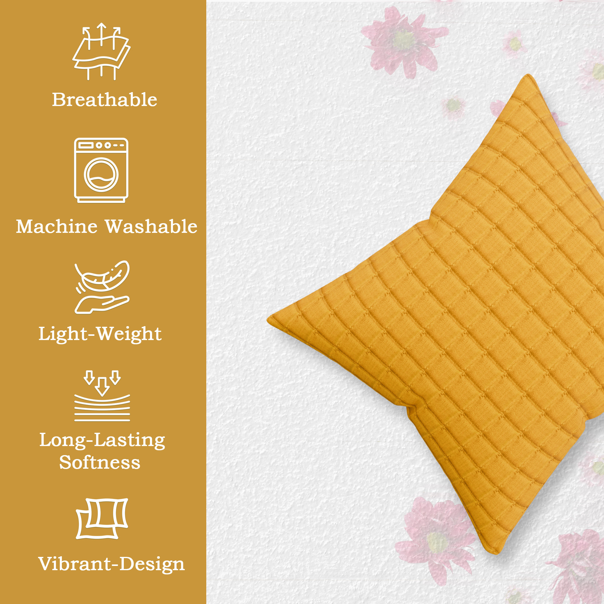Kuber Industries Polyester Cushion Cover 16 Inch x 16 Inch Set of 5 with Zip Closure  Decorative Throw Pillow Cushion Cover for Sofa Set Bedroom and Living Room  Plain Check Quilted - Mustard