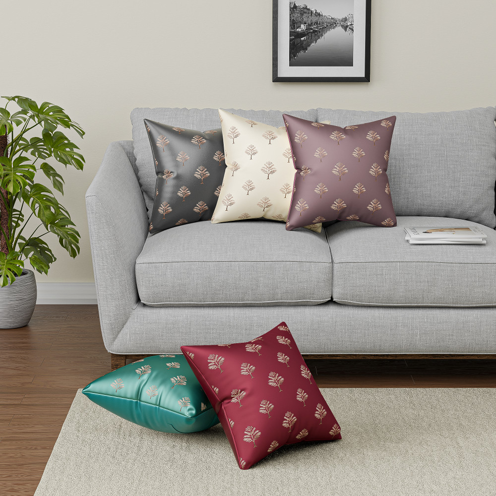 Image of Polyester Cushion Cover 16 Inch x 16 Inch Set of 5 with Zip Closure | Decorative Throw Pillow Square Cushion Cover for Sofa Set, Bedroom and Living Room | Golden Tree - Multicolor