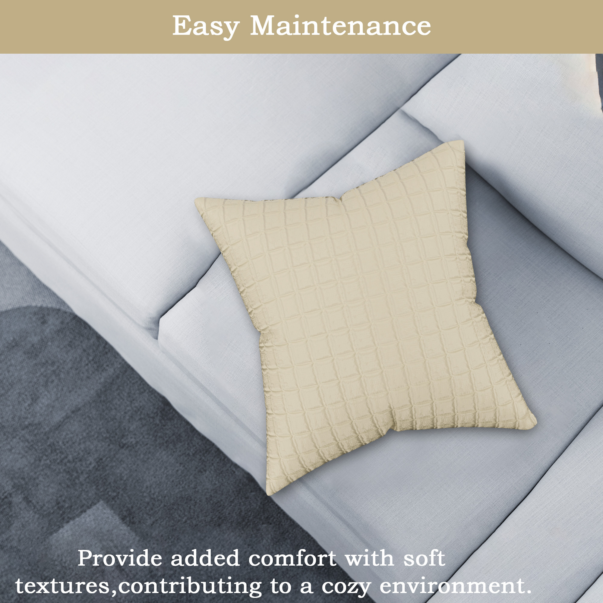 Kuber Industries Polyester Cushion Cover 16 Inch x 16 Inch Set of 5 with Zip Closure  Throw Pillow Cushion Cover for Sofa Set Bedroom and Living Room  Plain Check Quilted - Light Cream