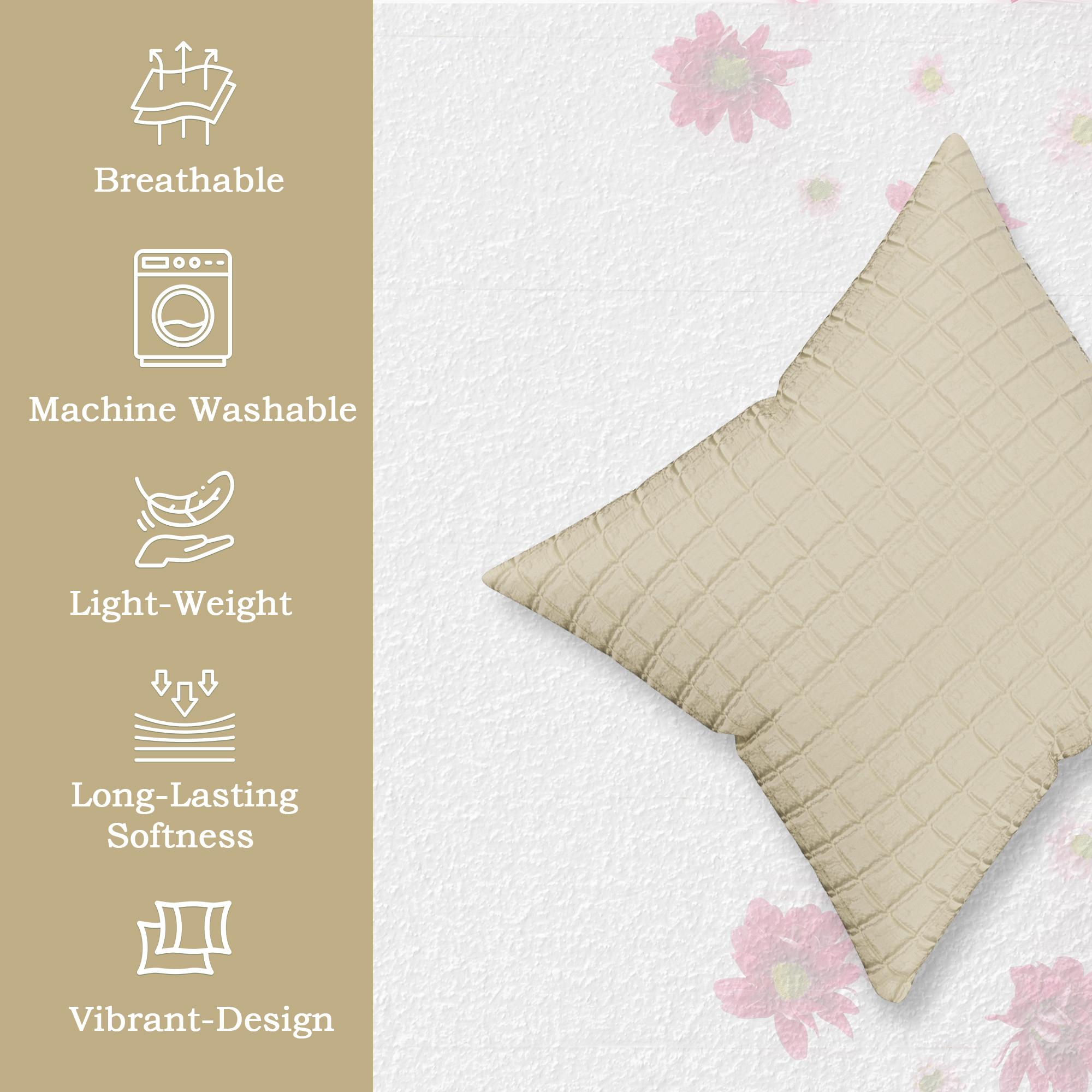 Kuber Industries Polyester Cushion Cover 16 Inch x 16 Inch Set of 5 with Zip Closure  Throw Pillow Cushion Cover for Sofa Set Bedroom and Living Room  Plain Check Quilted - Light Cream